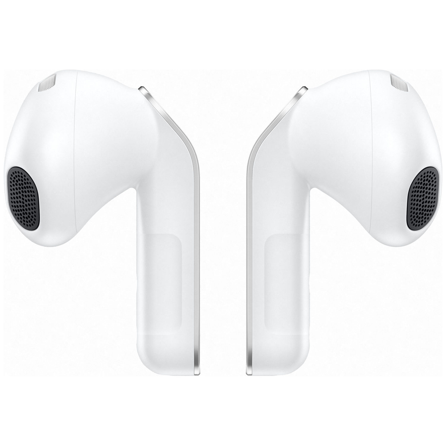 Two white wireless earbuds with silver accents, positioned side-by-side.