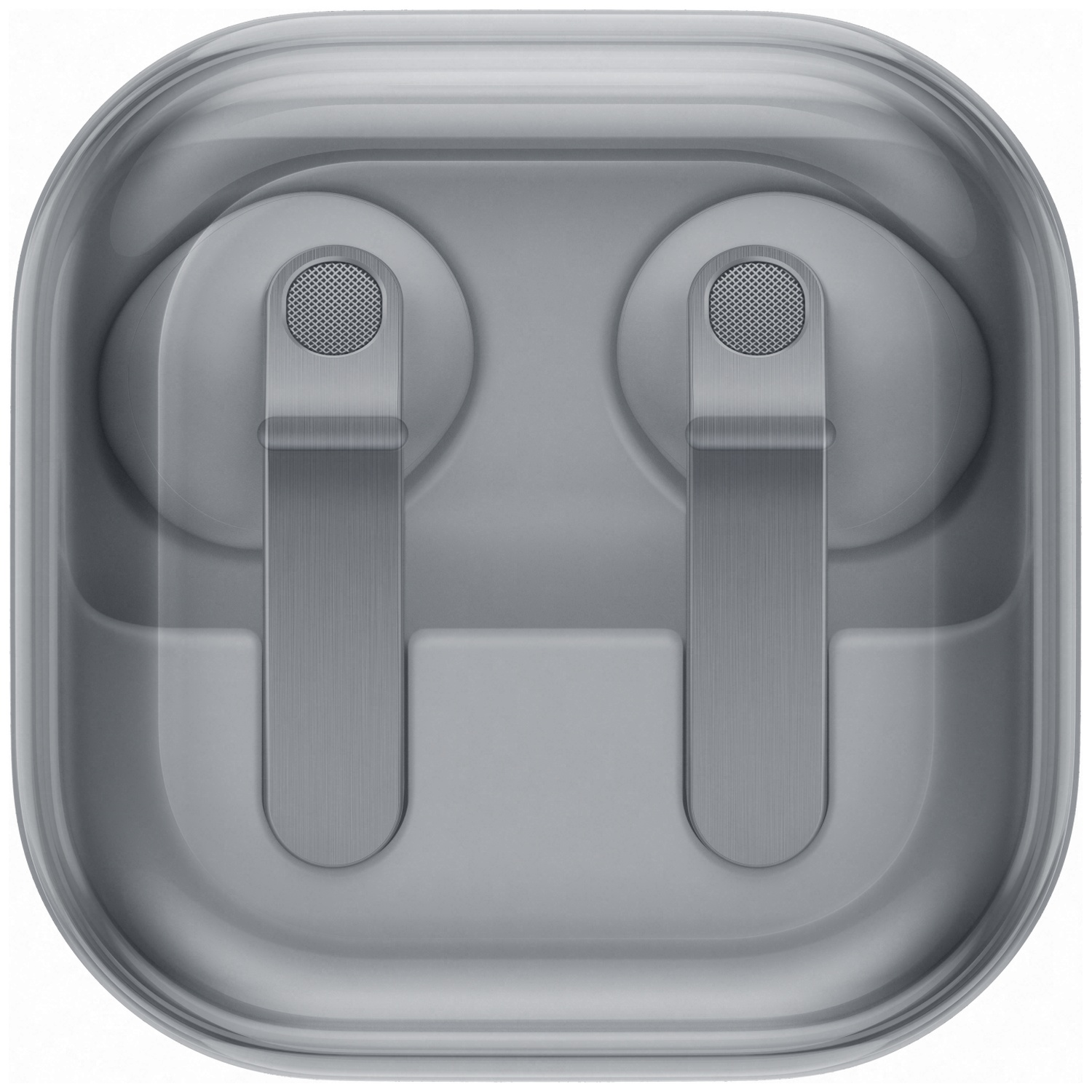 Gray charging case with two white earbuds and metal accents.