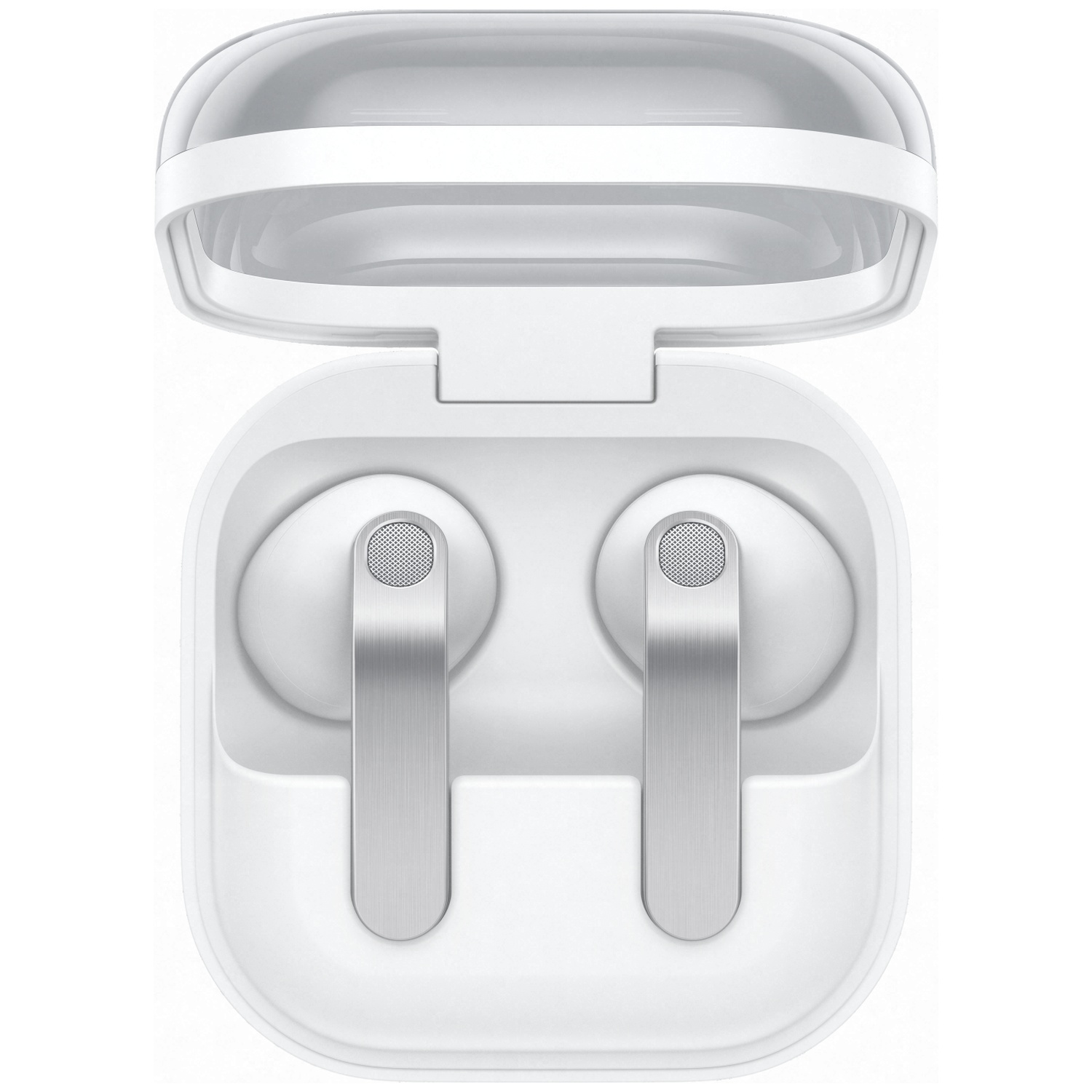 White wireless earbuds in an open charging case with silver accents.