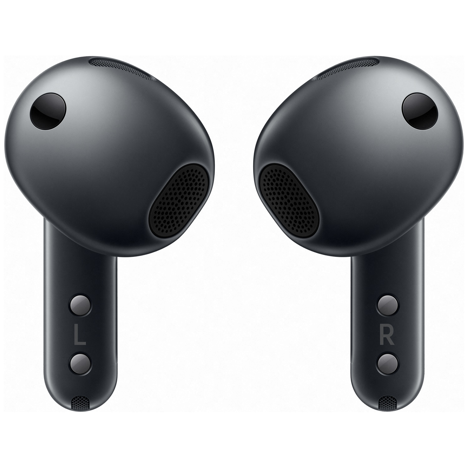Two dark wireless earbuds, marked L and R, on a white background.