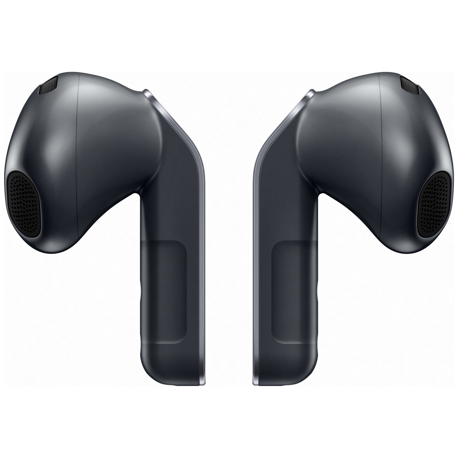 Two dark wireless earbuds side by side on a white background.