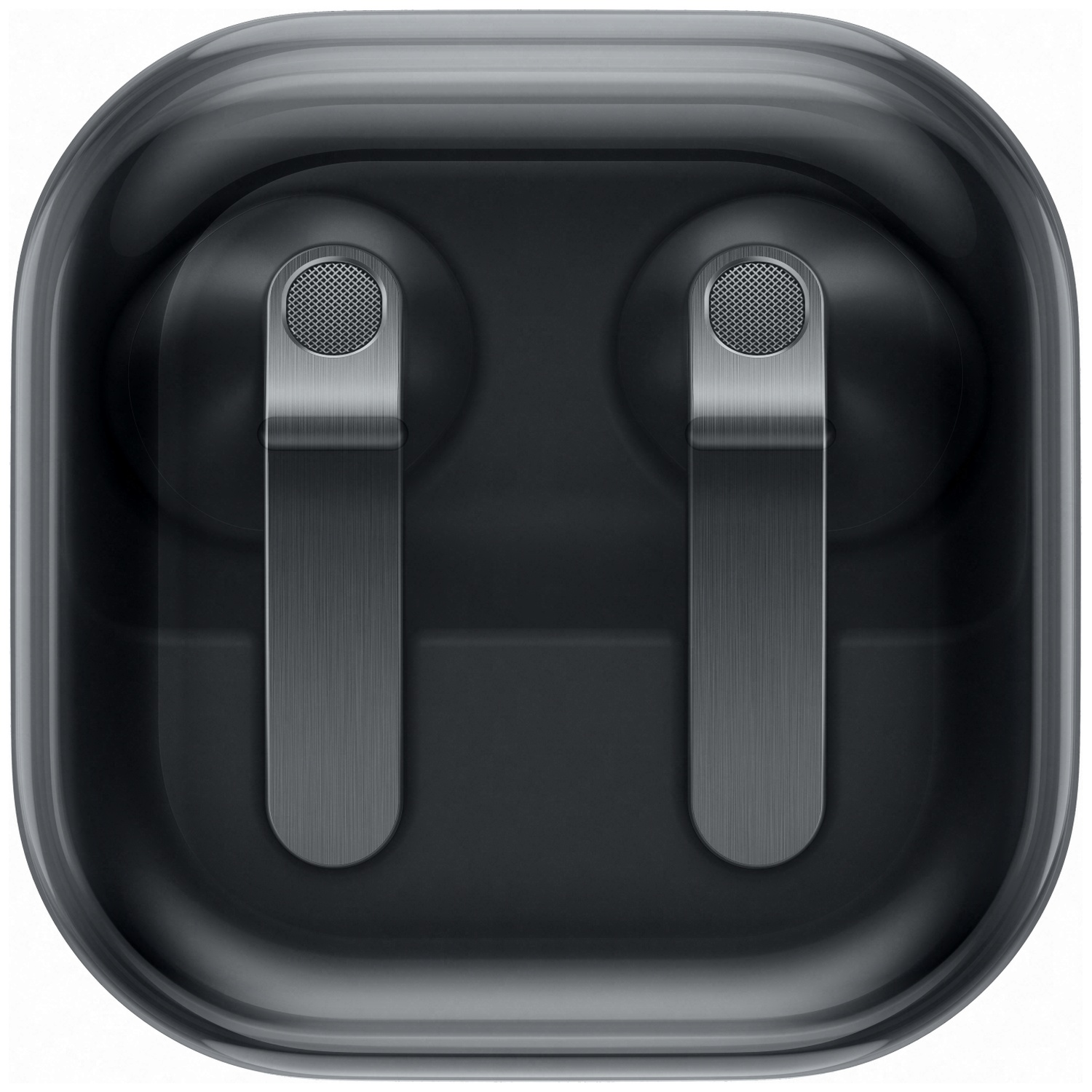 Two black wireless earbuds inside a dark charging case.