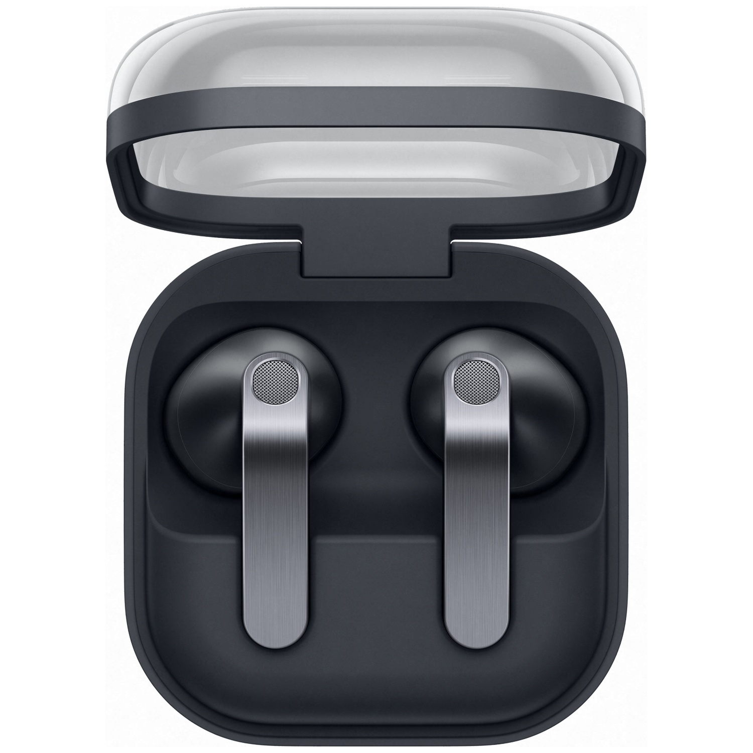 Black wireless earbuds in a dark charging case with a clear lid.