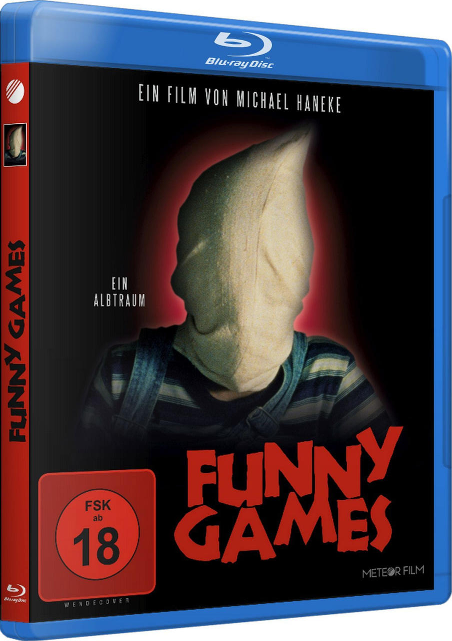 Cover einer Blu-ray Disc von Funny Games mit einer Person, die eine Stoffmaske trägt.