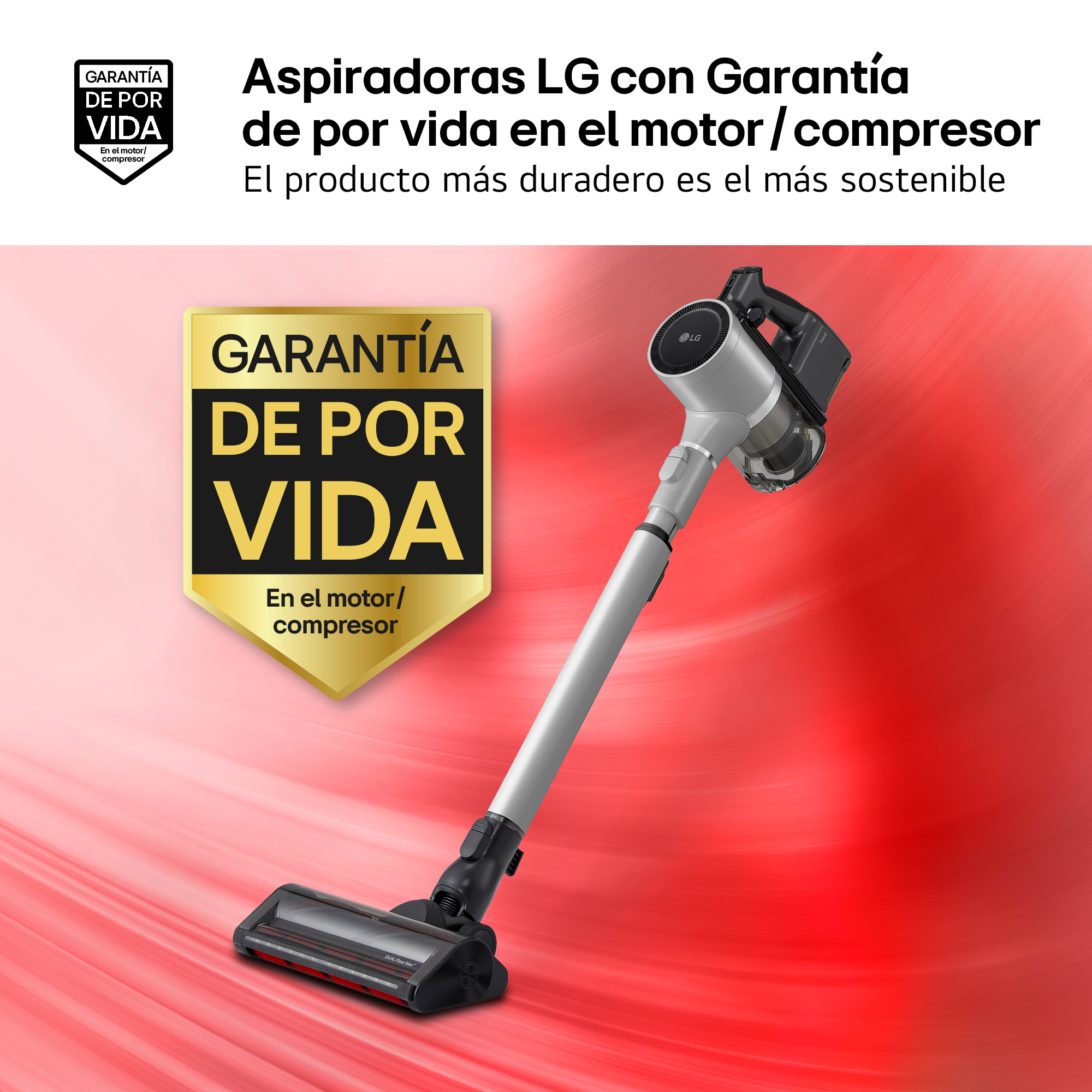 Un aspirador LG plateado con sello de garantía de por vida sobre fondo rojo.