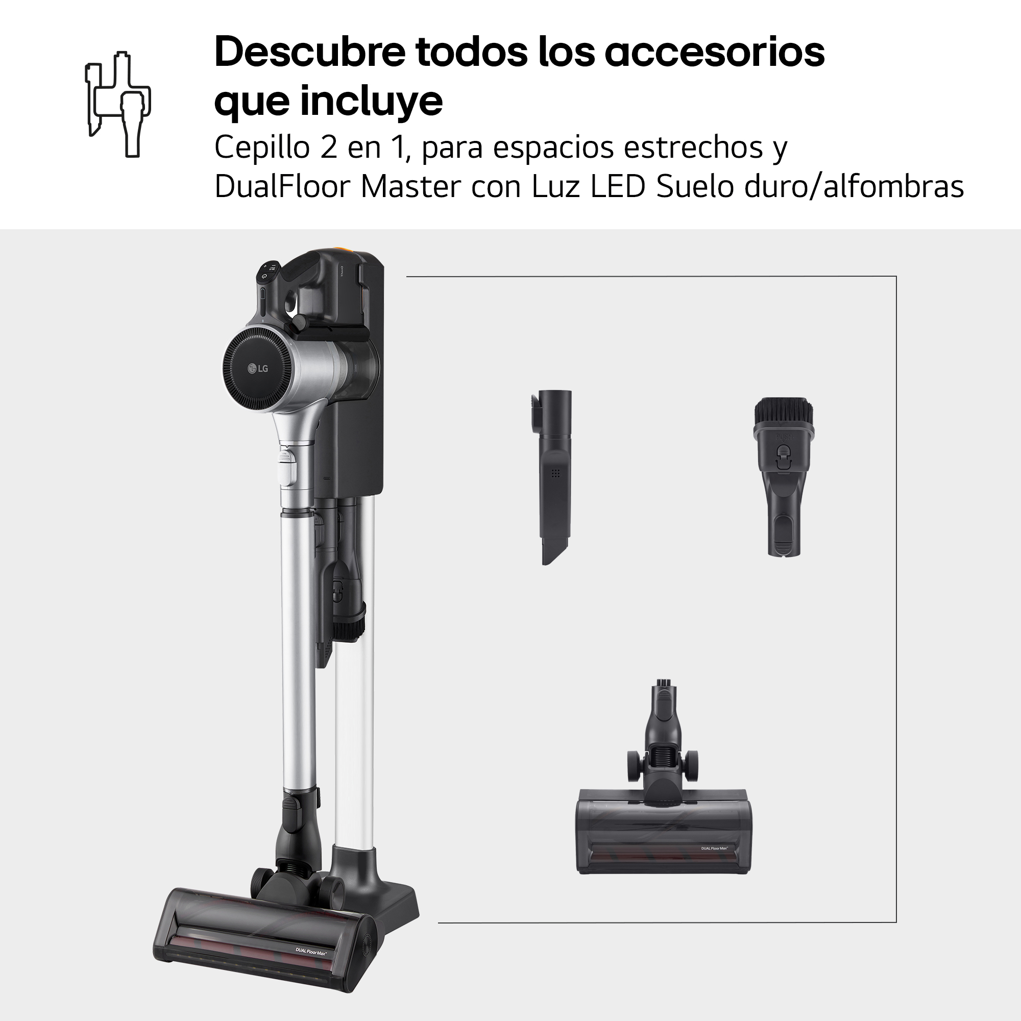 Un aspirador LG con accesorios: boquilla, cepillo y cabezal de suelo.