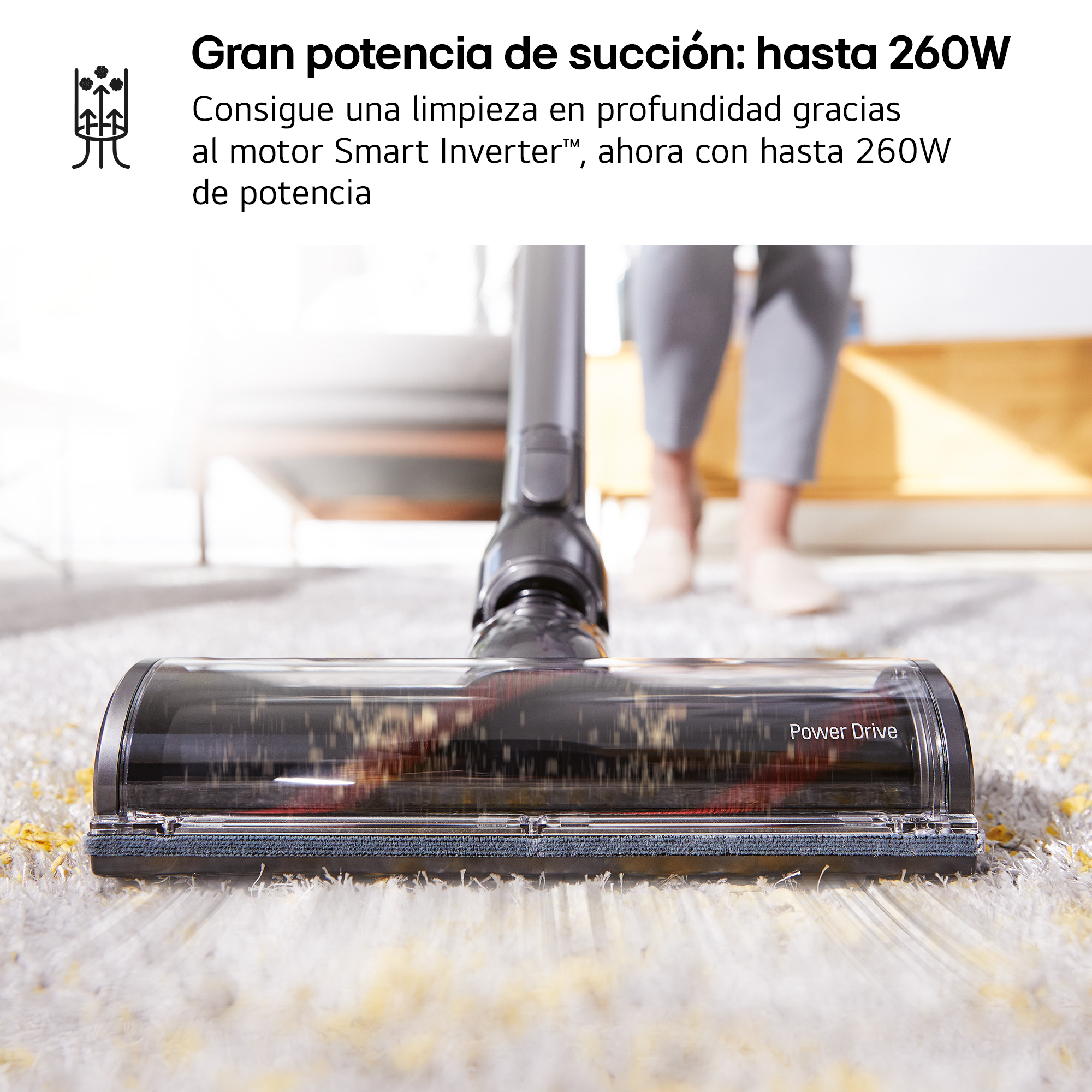 Cabezal de cepillo de aspiradora con Power Drive sobre una alfombra.