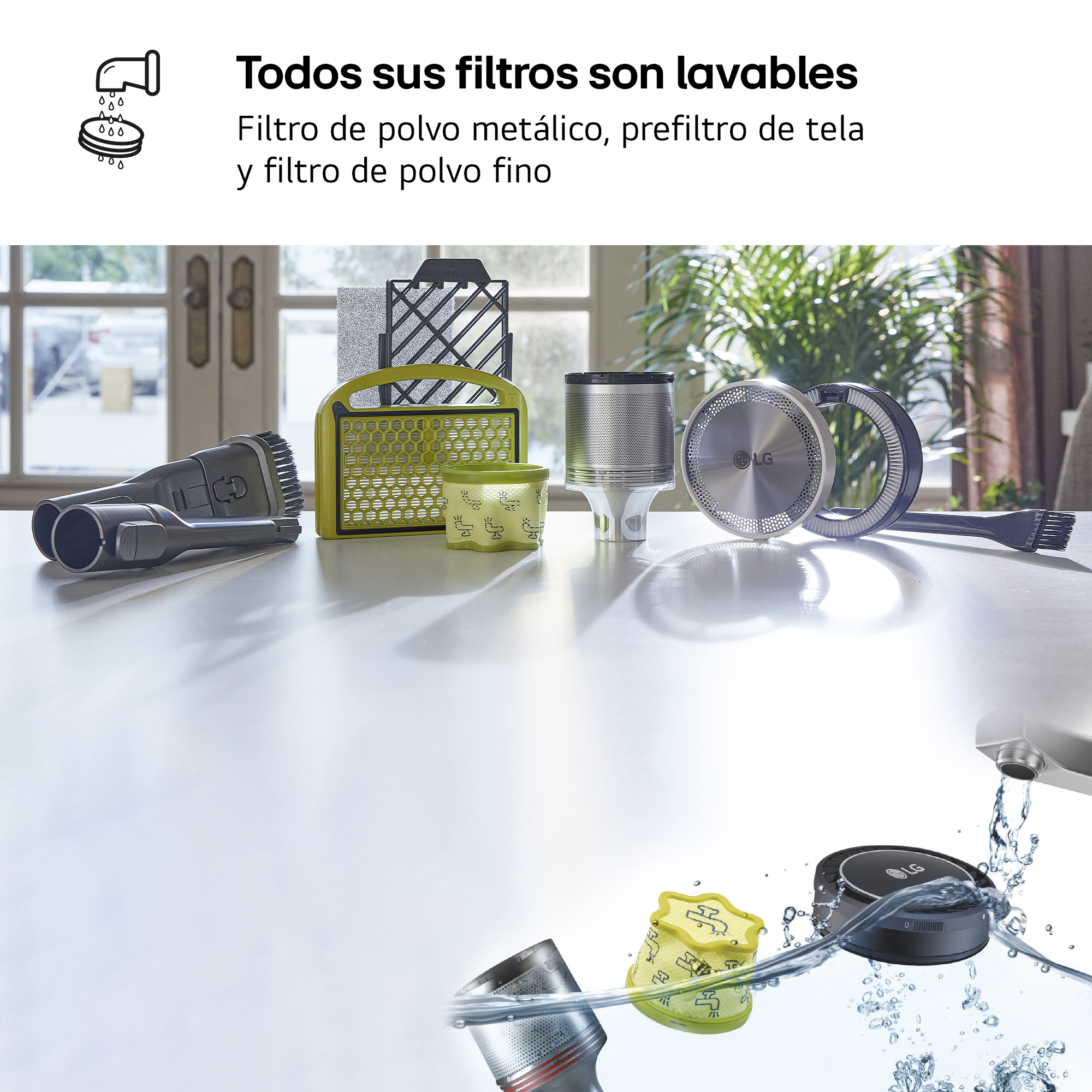 Filtros y accesorios de aspiradora LG sobre mesa y bajo el agua.