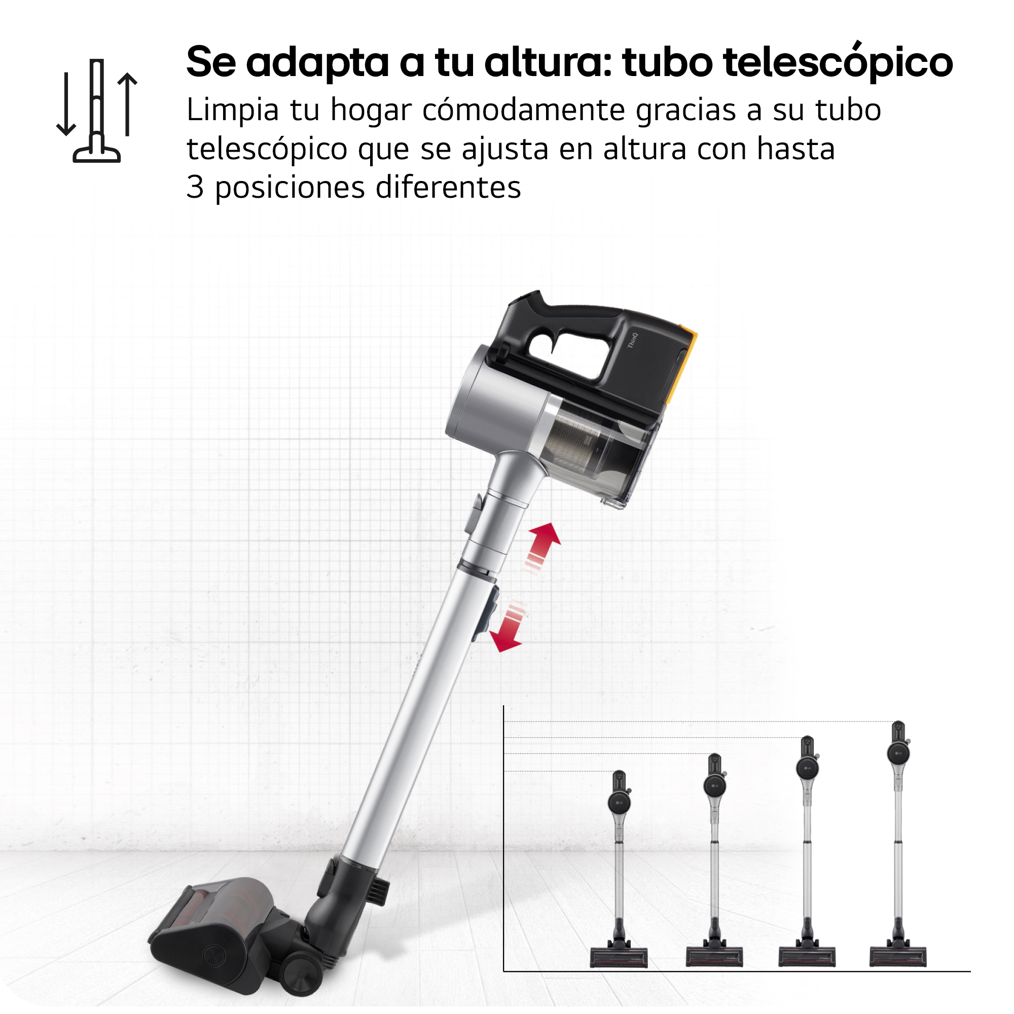 Una aspiradora plateada con un tubo telescópico de altura ajustable.