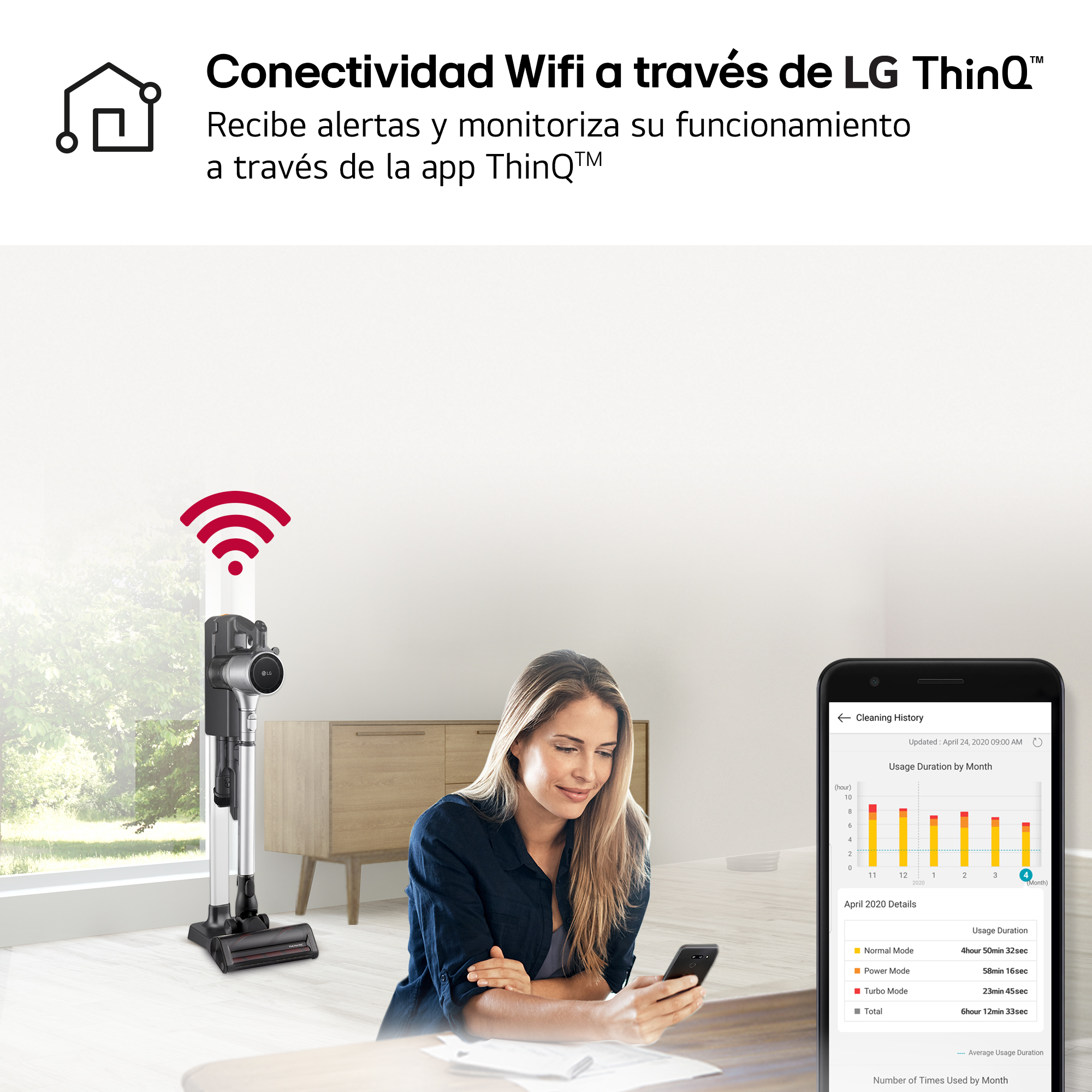 Una mujer usa una aspiradora LG conectada a una app.
