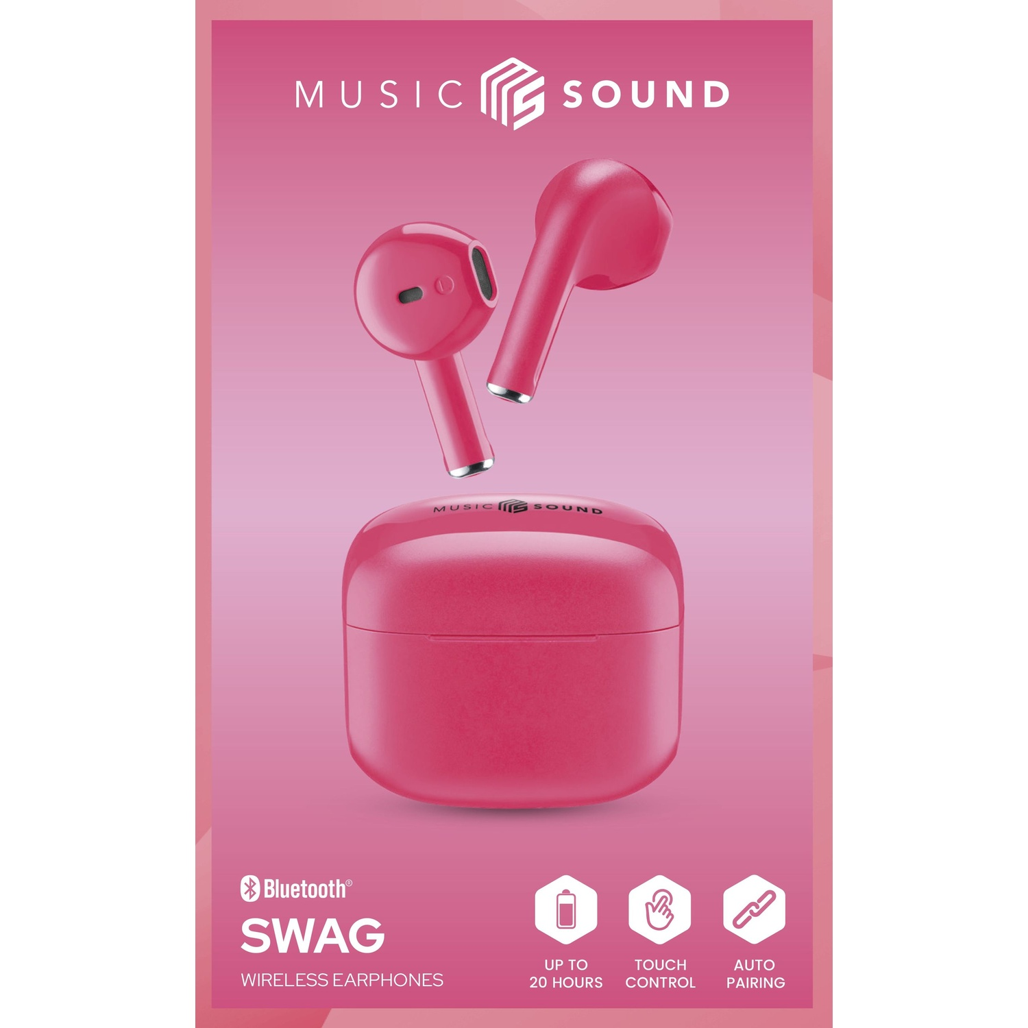 Un paio di auricolari wireless rosa con custodia di ricarica e simbolo Bluetooth.