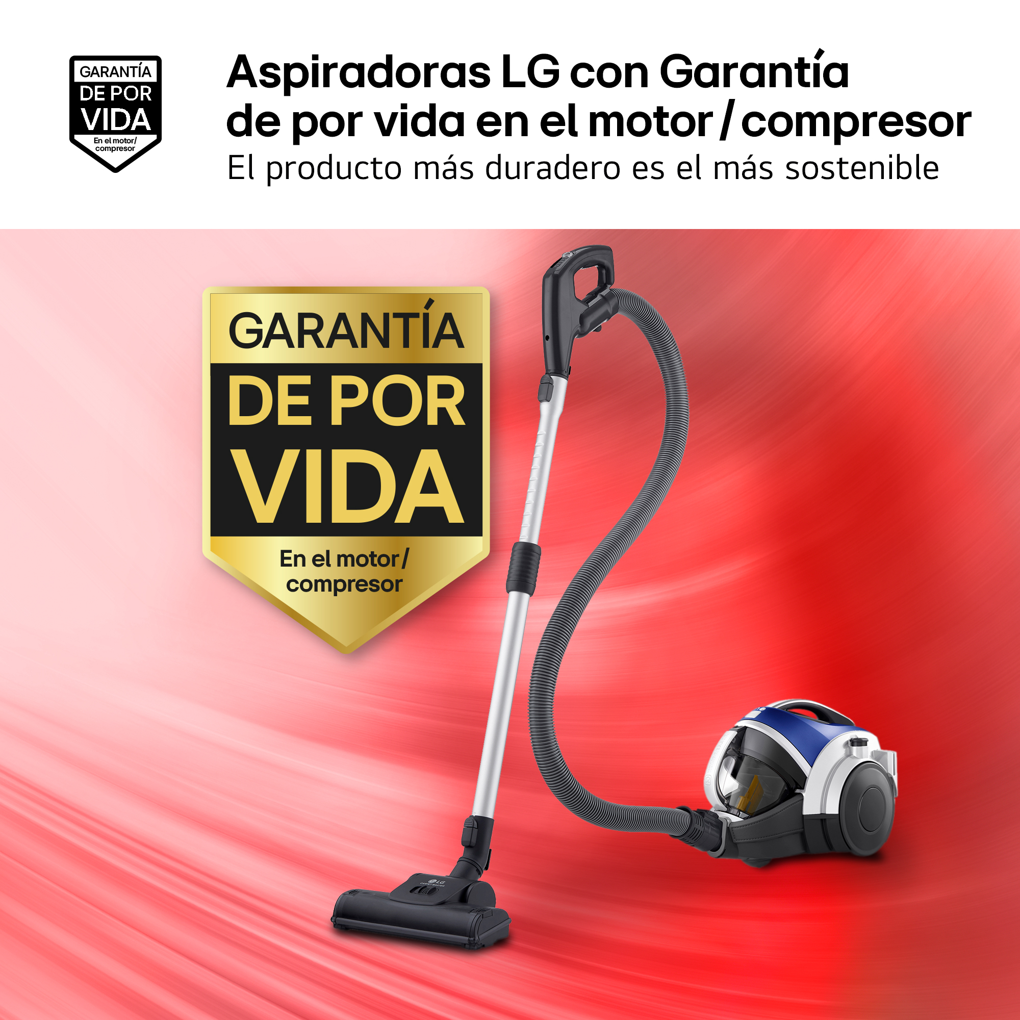 Una aspiradora LG azul y blanca con manguera y cepillo para suelos.