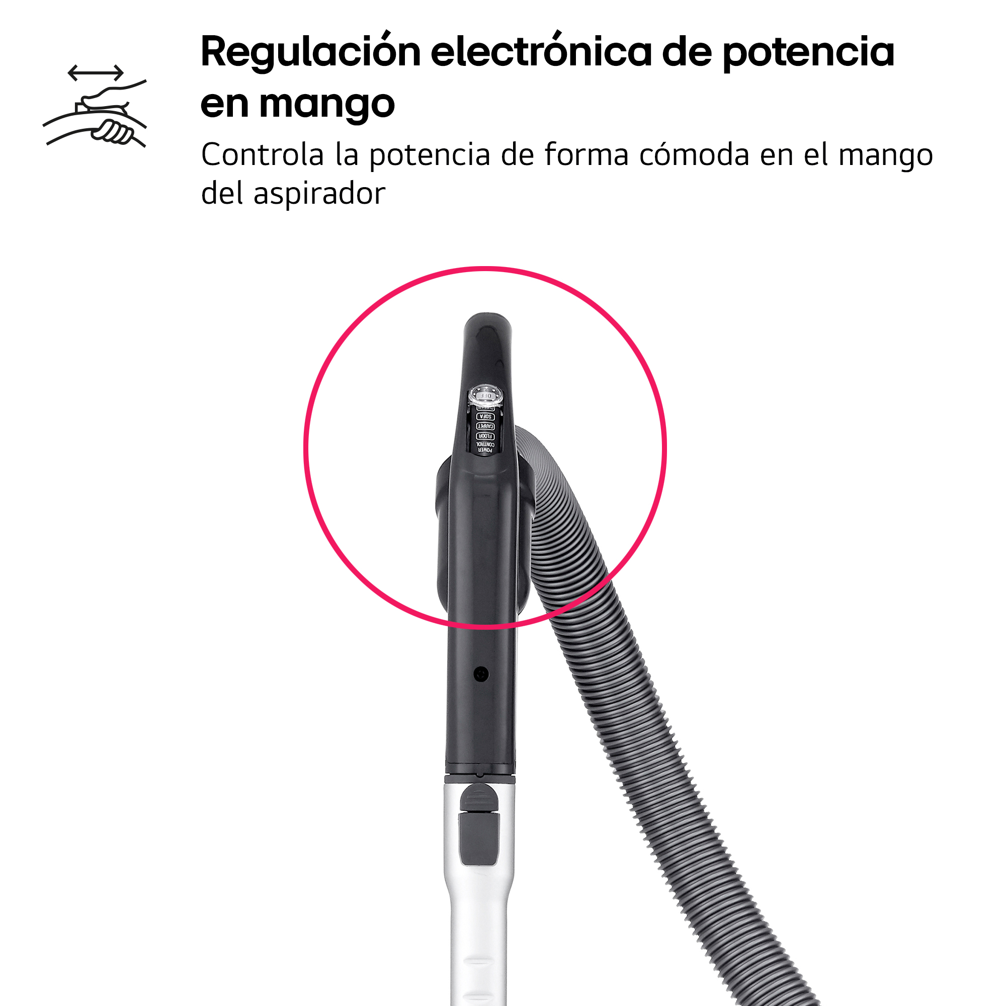 Mango de aspirador con control de potencia y manguera.