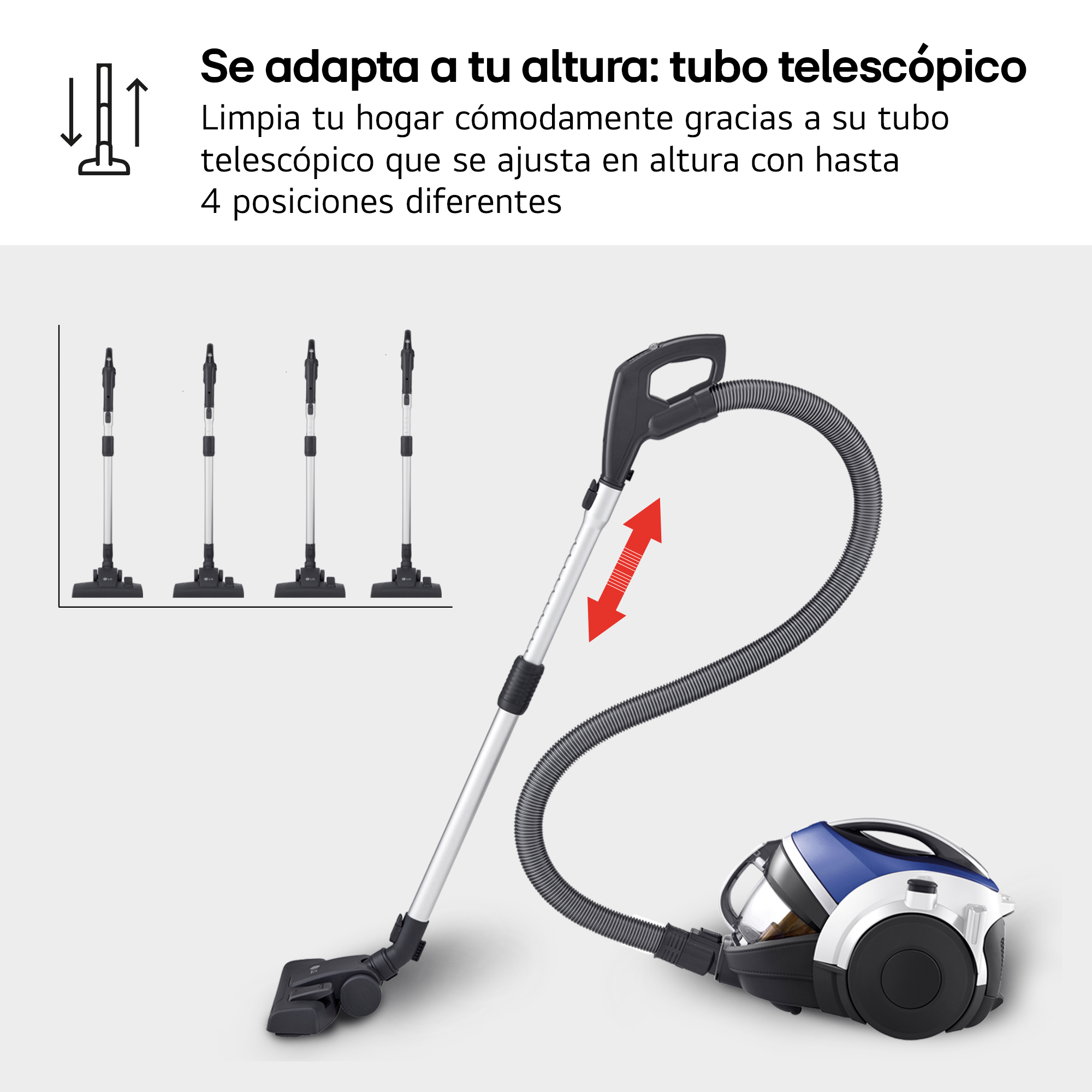 Aspiradora con tubo telescópico en 4 alturas. Blanca, azul, negra.