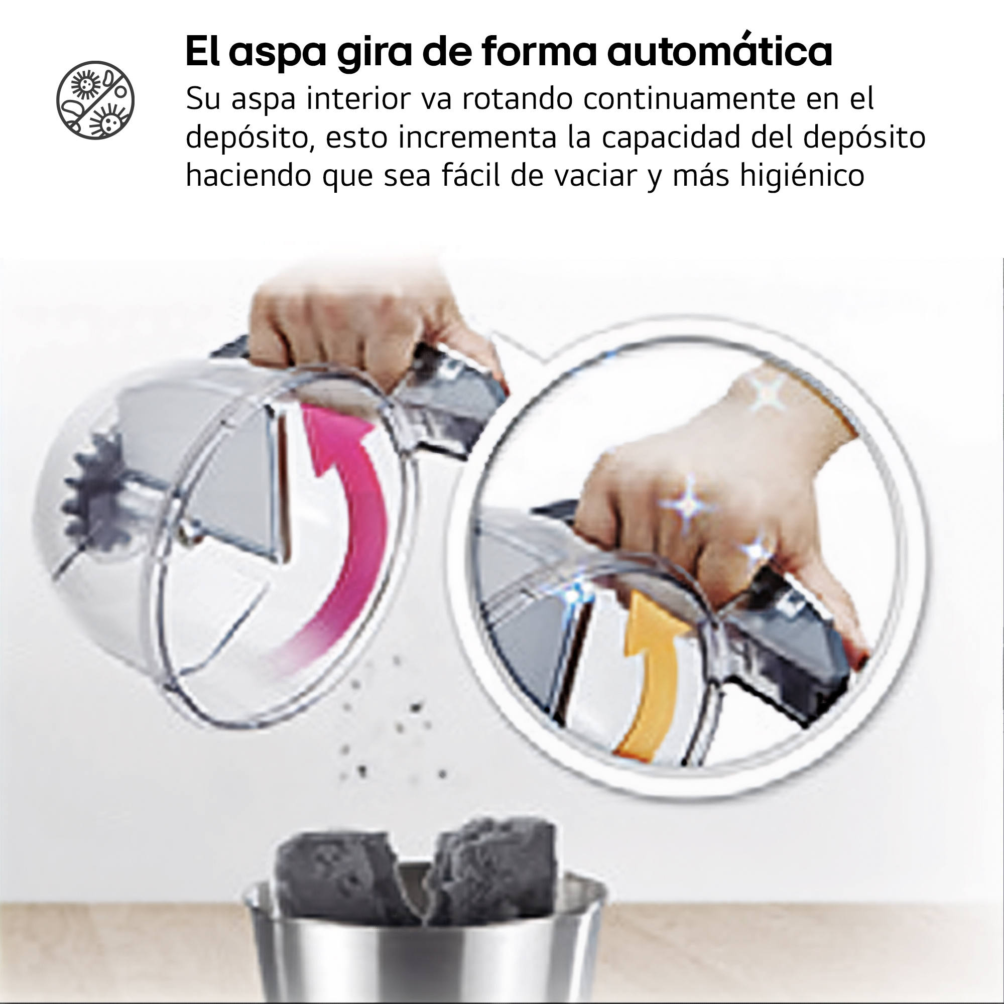 Una mano sostiene un recipiente transparente con dos flechas giratorias, una roja y otra naranja.
