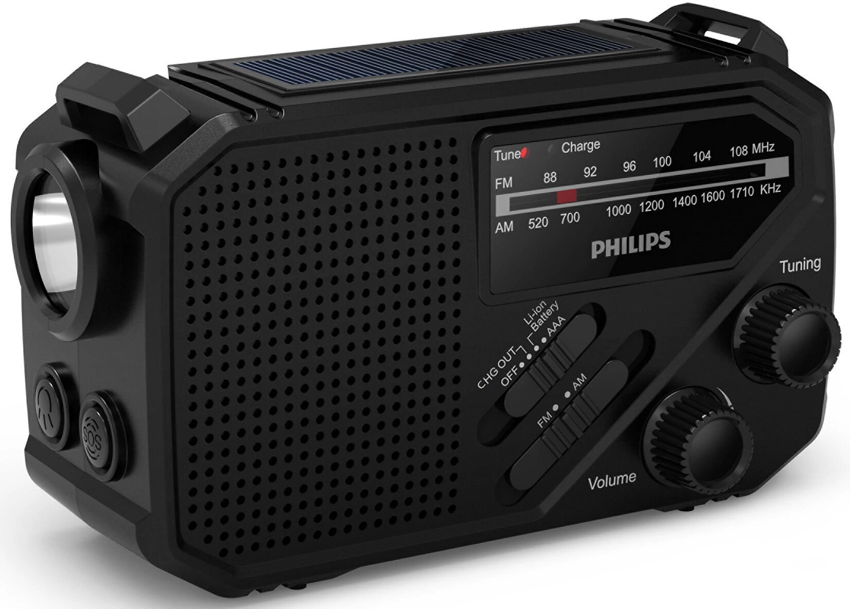 Czarno-białe radio Philips z panelem słonecznym, latarką i tunerem AM/FM.