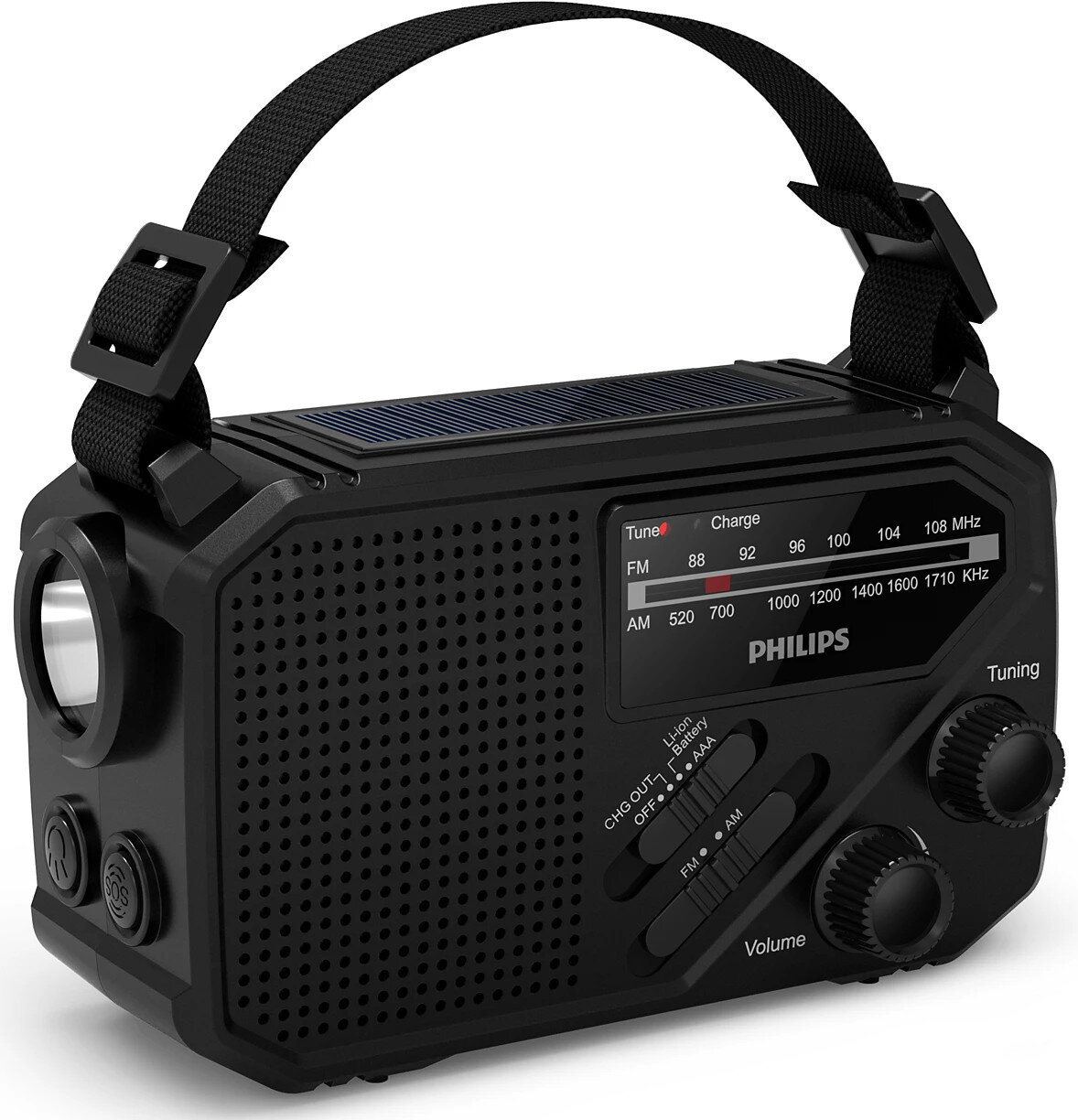 Czarno-żółte radio Philips z panelem słonecznym, latarką i paskiem.