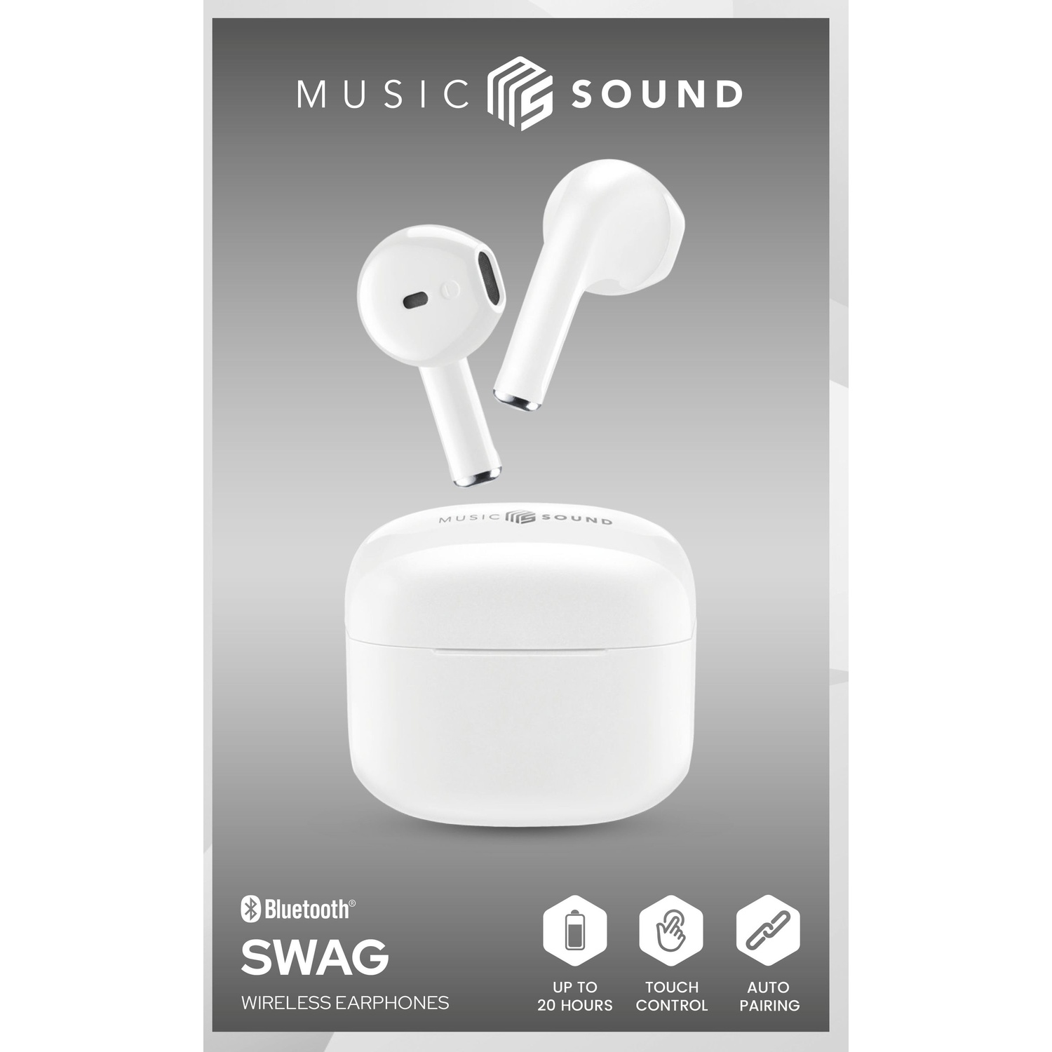 Auricolari wireless bianchi e custodia di ricarica con logo "MUSIC SOUND".