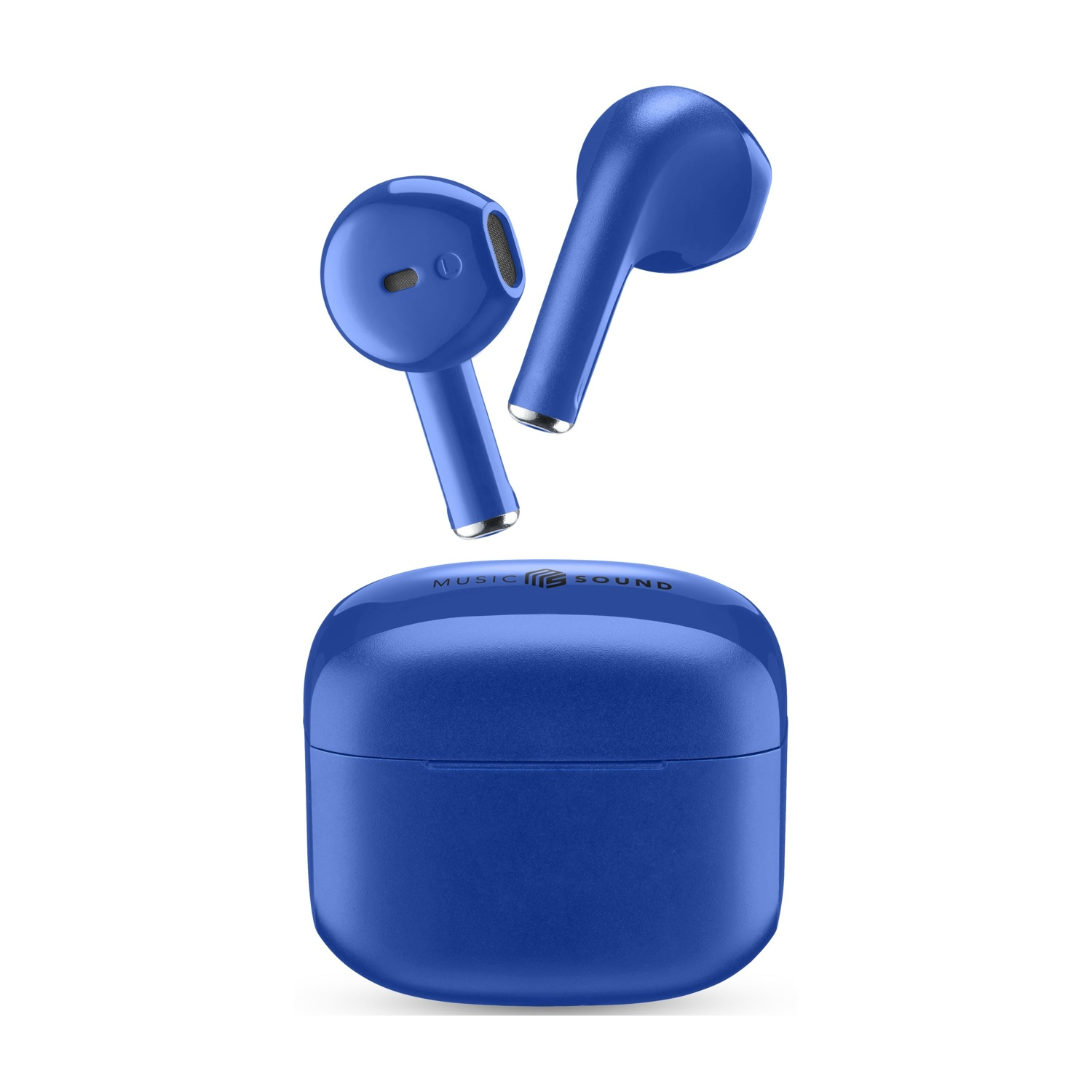 Auricolari wireless blu fluttuano sopra una custodia di ricarica blu chiusa.