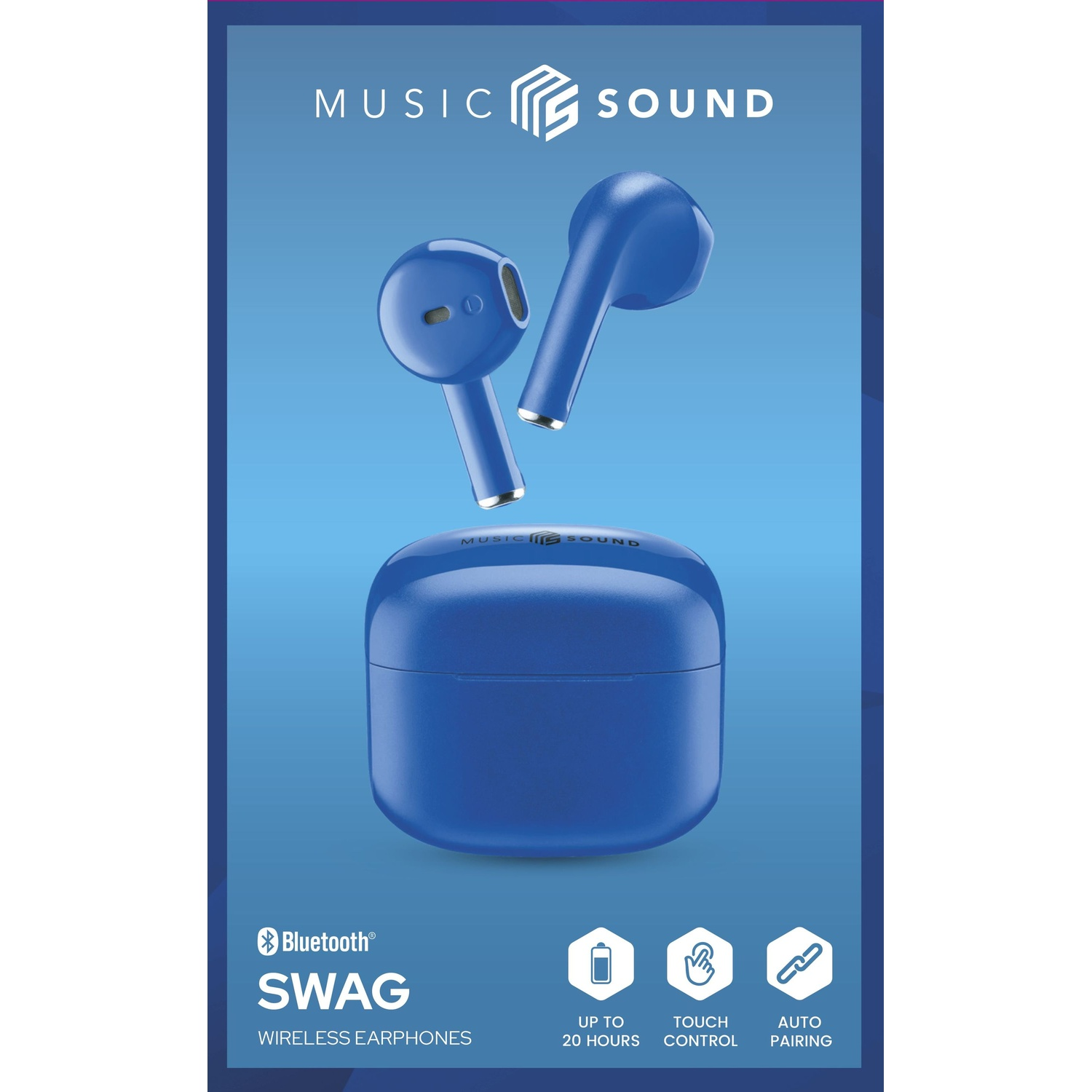 Auricolari wireless blu con custodia di ricarica e icone per batteria, controllo e accoppiamento.