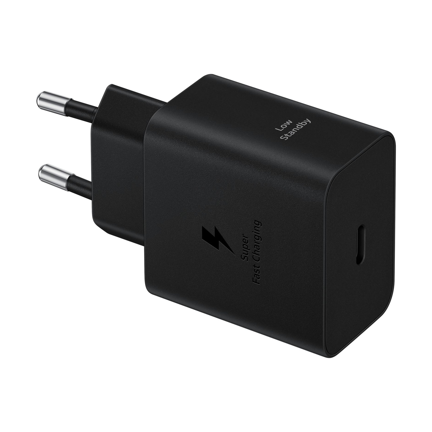 Caricatore nero con due pin argentati e scritta 'Super Fast Charging'.