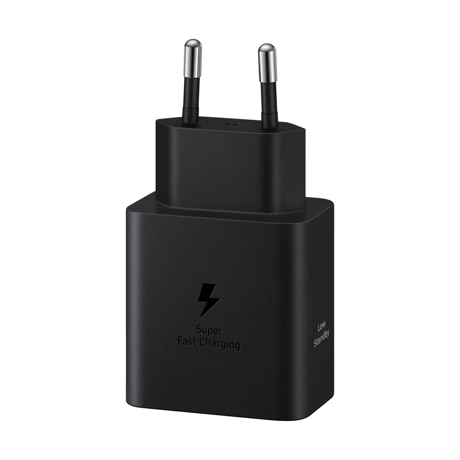 Spina di ricarica nera con due pin metallici e logo "Super Fast Charging".