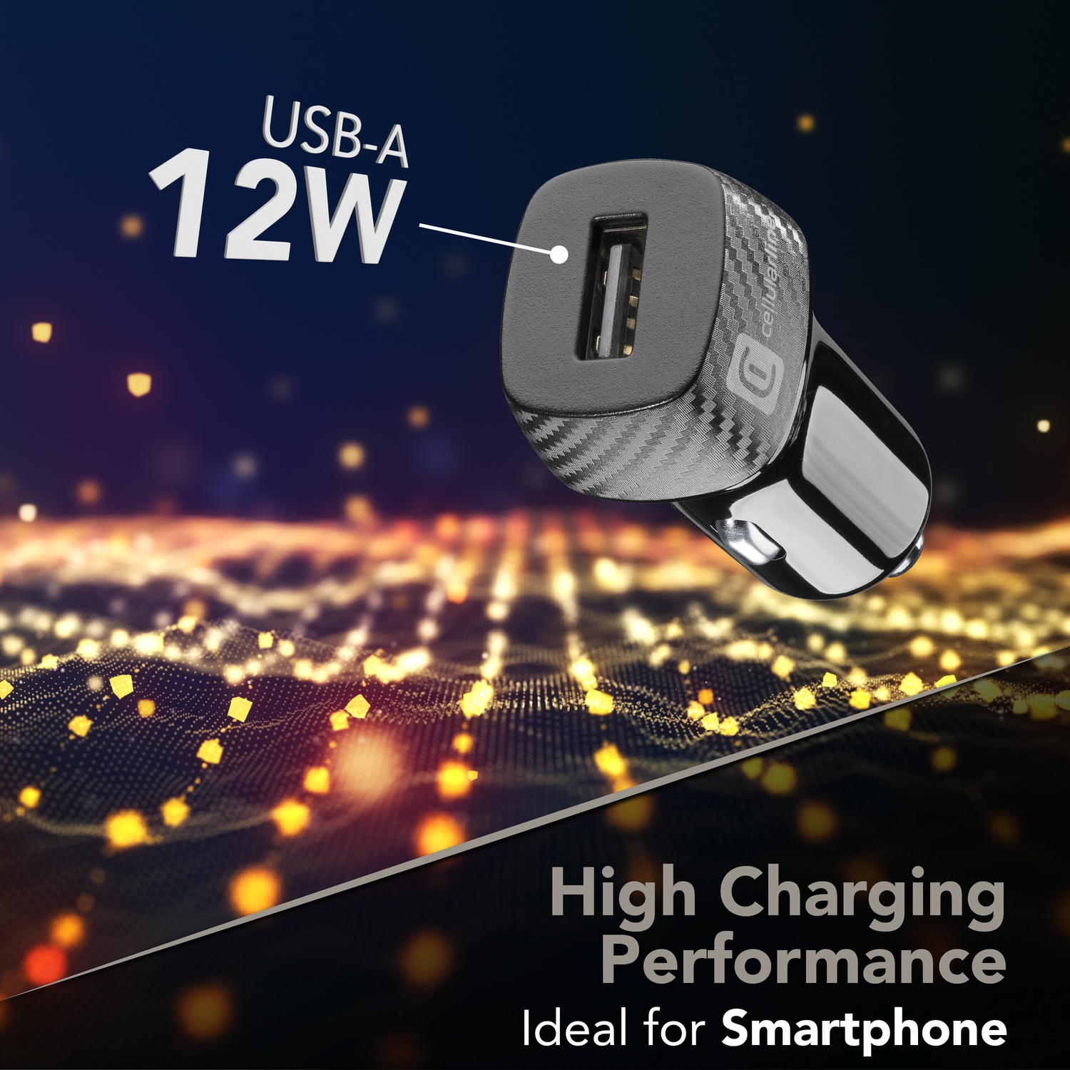 Un caricatore per auto USB-A nero con motivo carbonio e 12W.