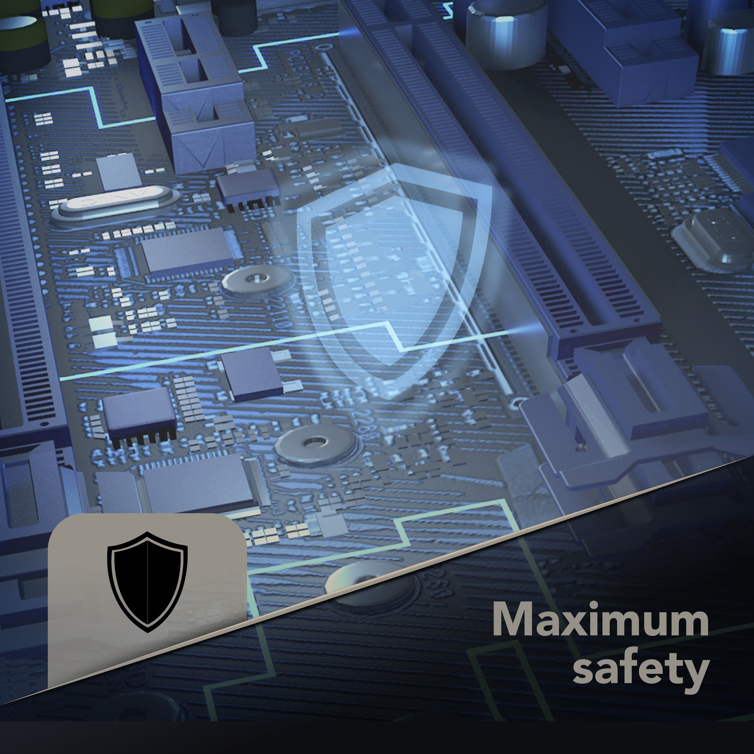 Circuito con icona di scudo e testo 'Massima sicurezza'.