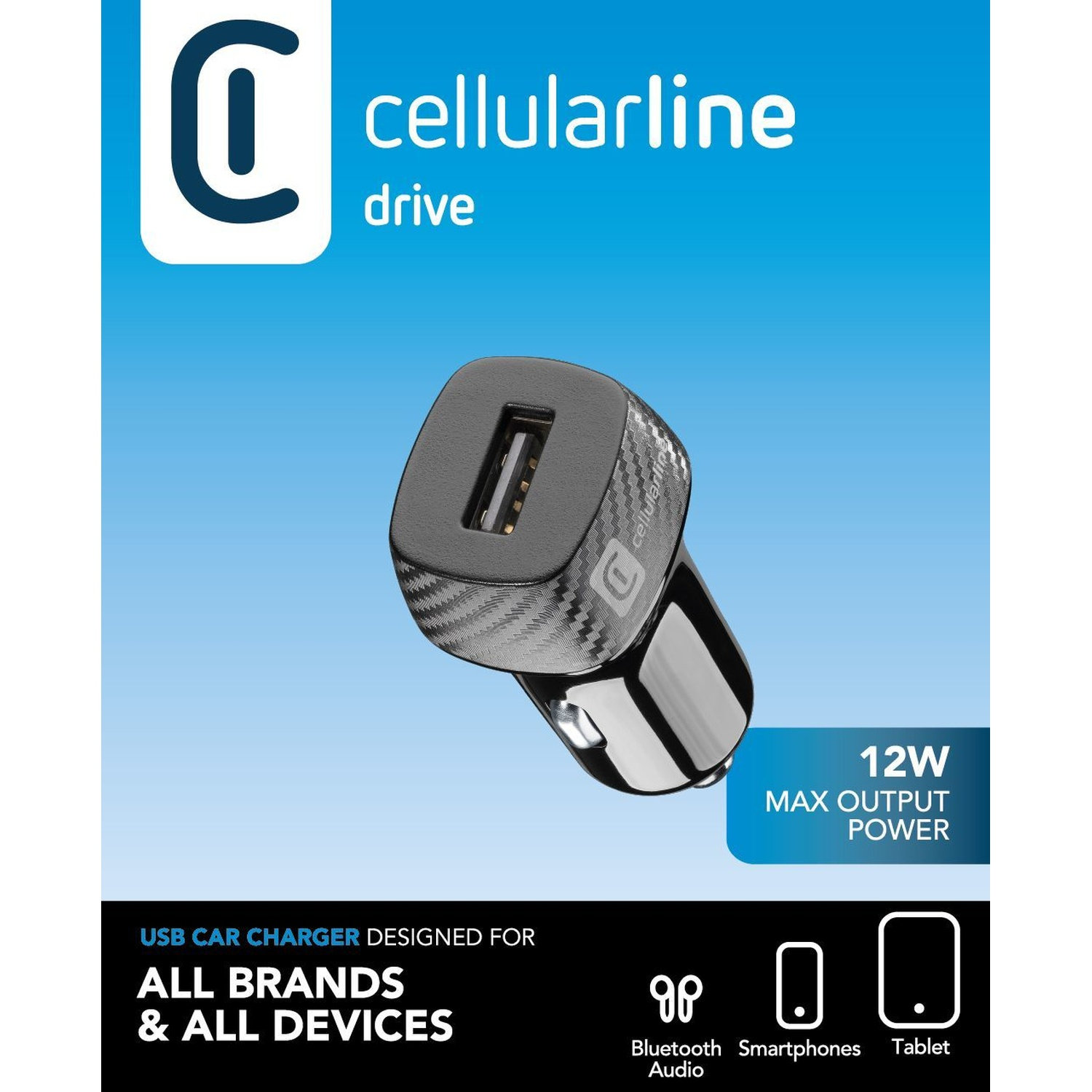 Un caricabatterie USB per auto nero con motivo carbonio e 12W.