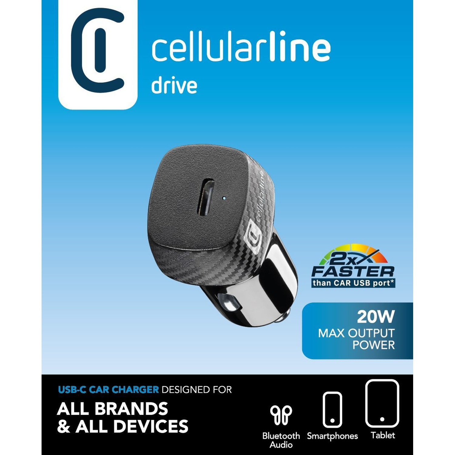 Caricabatterie auto USB-C Cellularline, texture fibra di carbonio, 20W, per tutti.