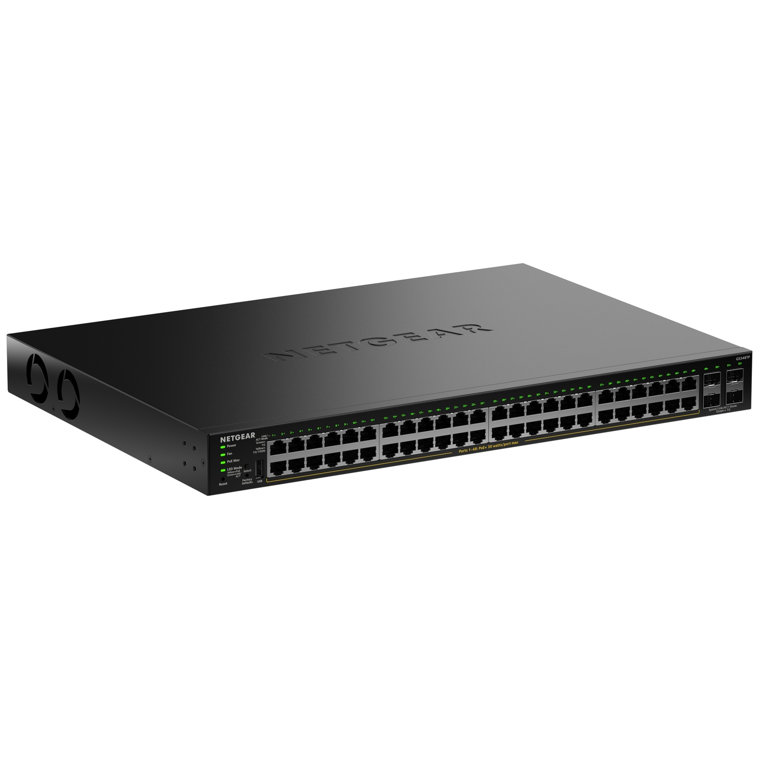 Black Netgear switch with 48 ports and LEDs on the front.