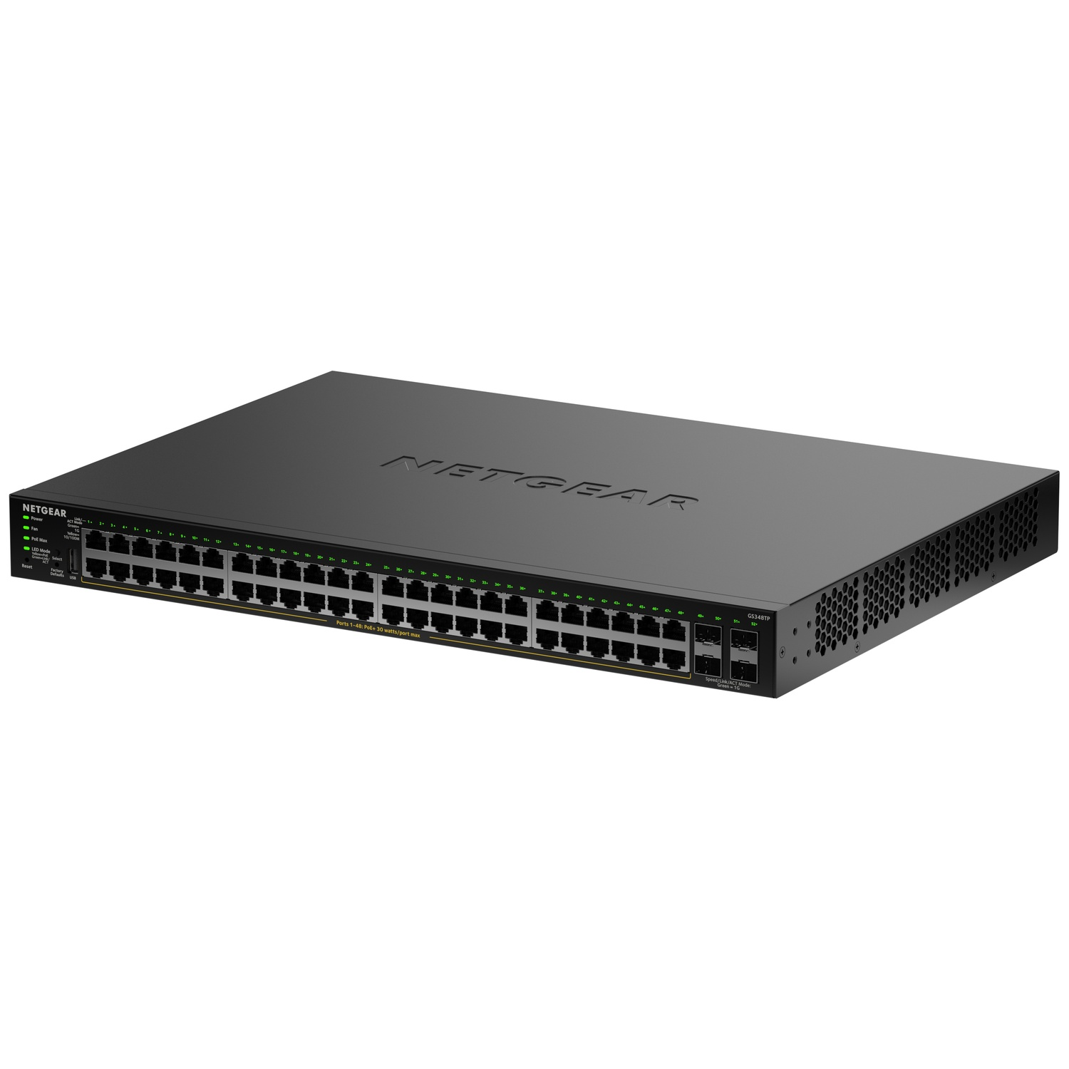 A black Netgear network switch with many ports and status LEDs.