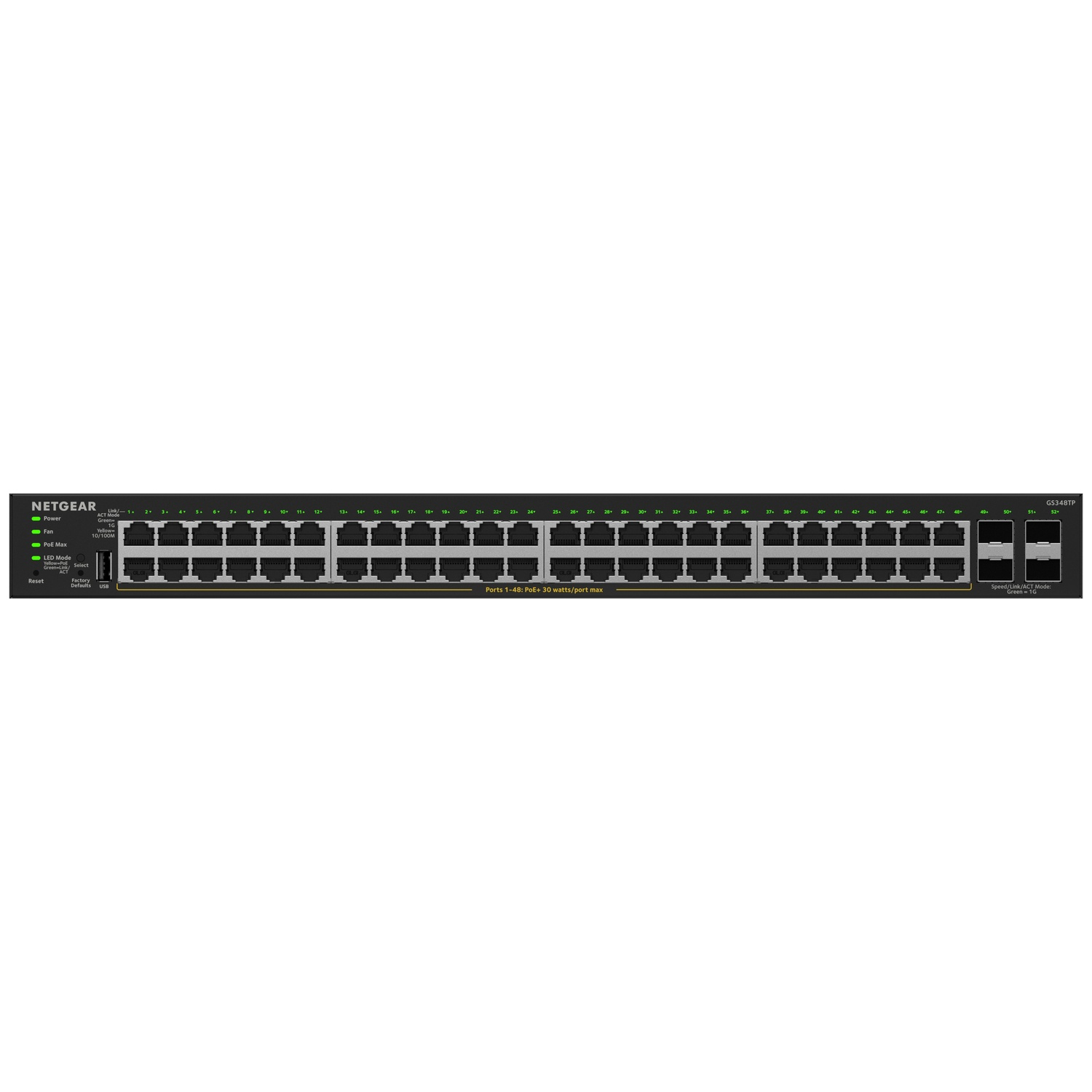Netgear GS348TP switch with 48 ports, Ethernet connections, and status LEDs.