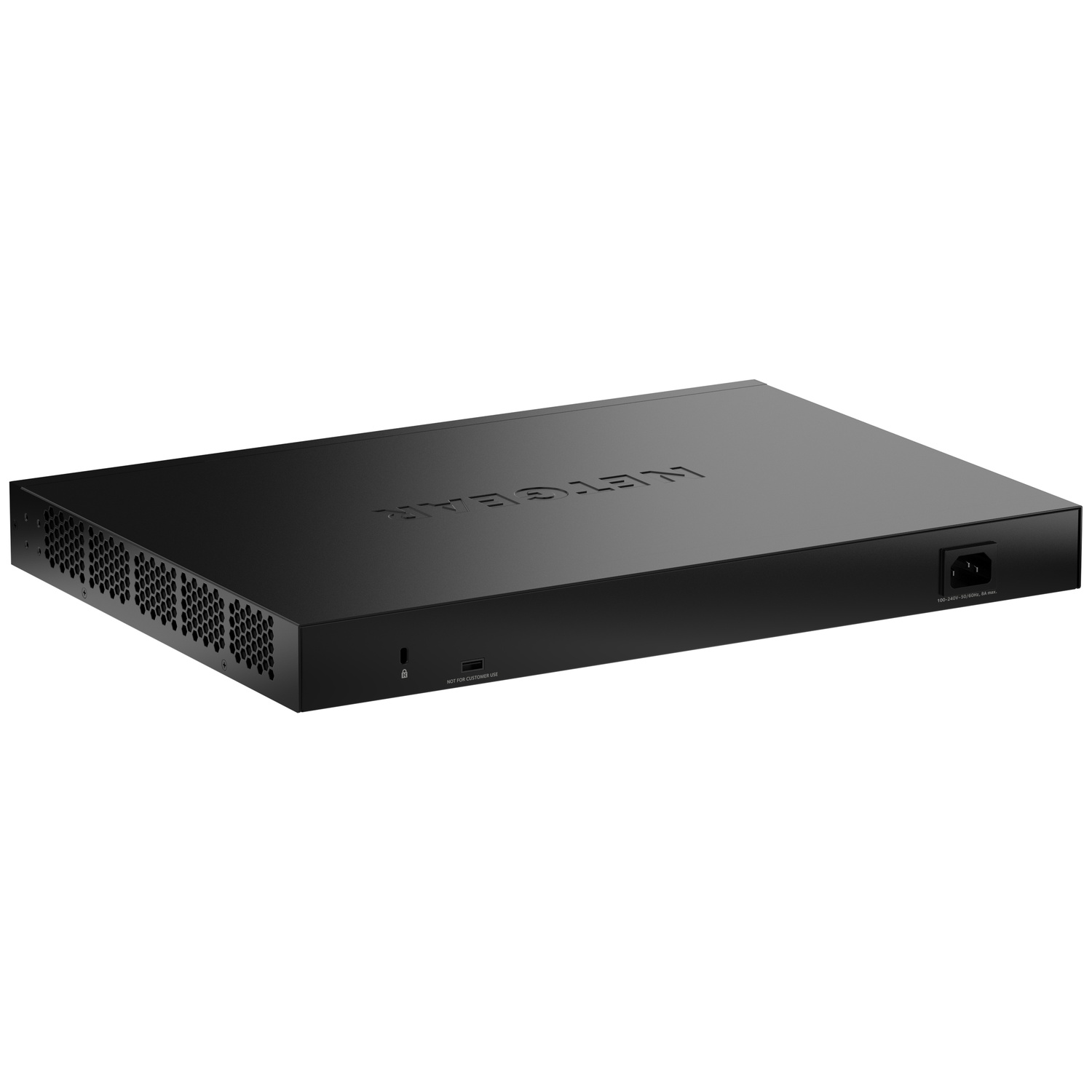 Black network switch with vents and ports.