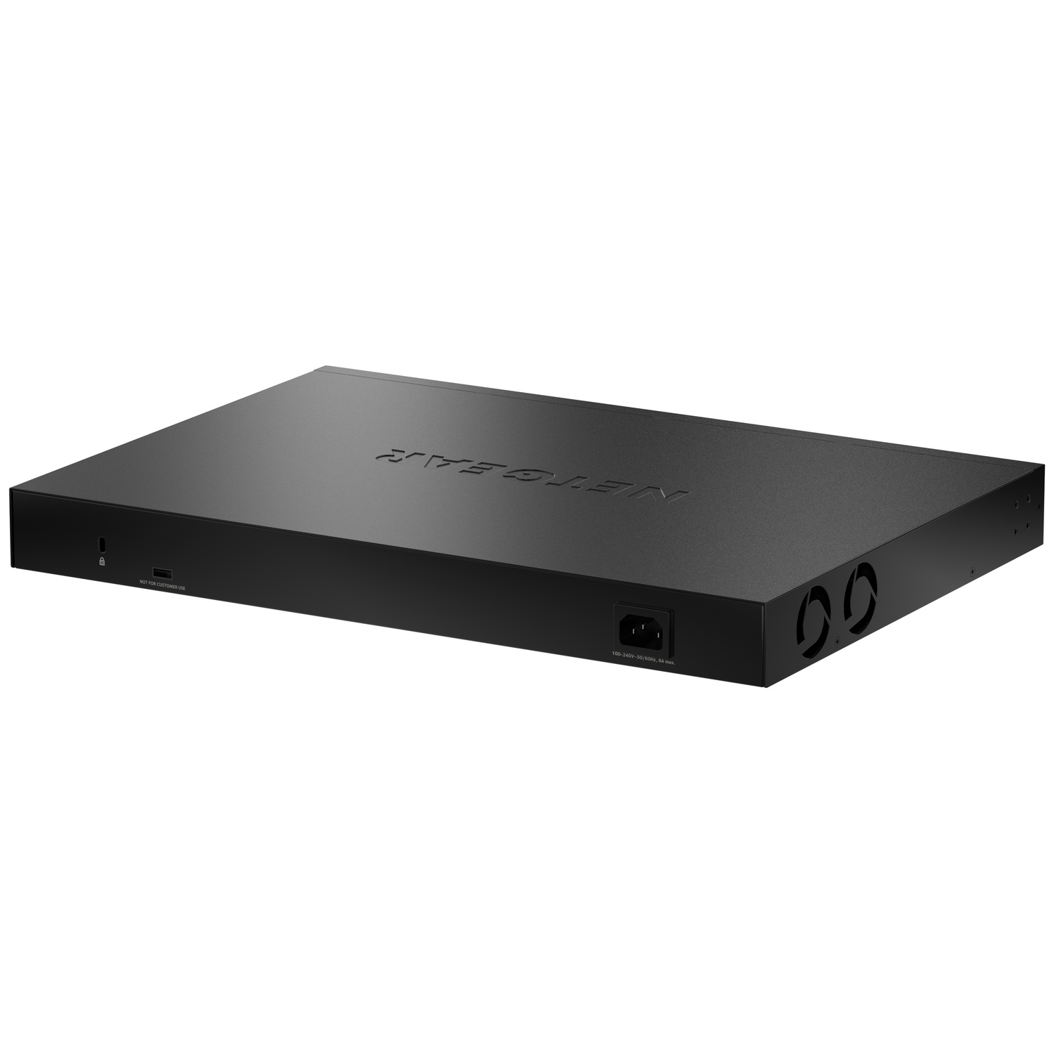 Black network switch with vents and ports. Netgear logo visible.