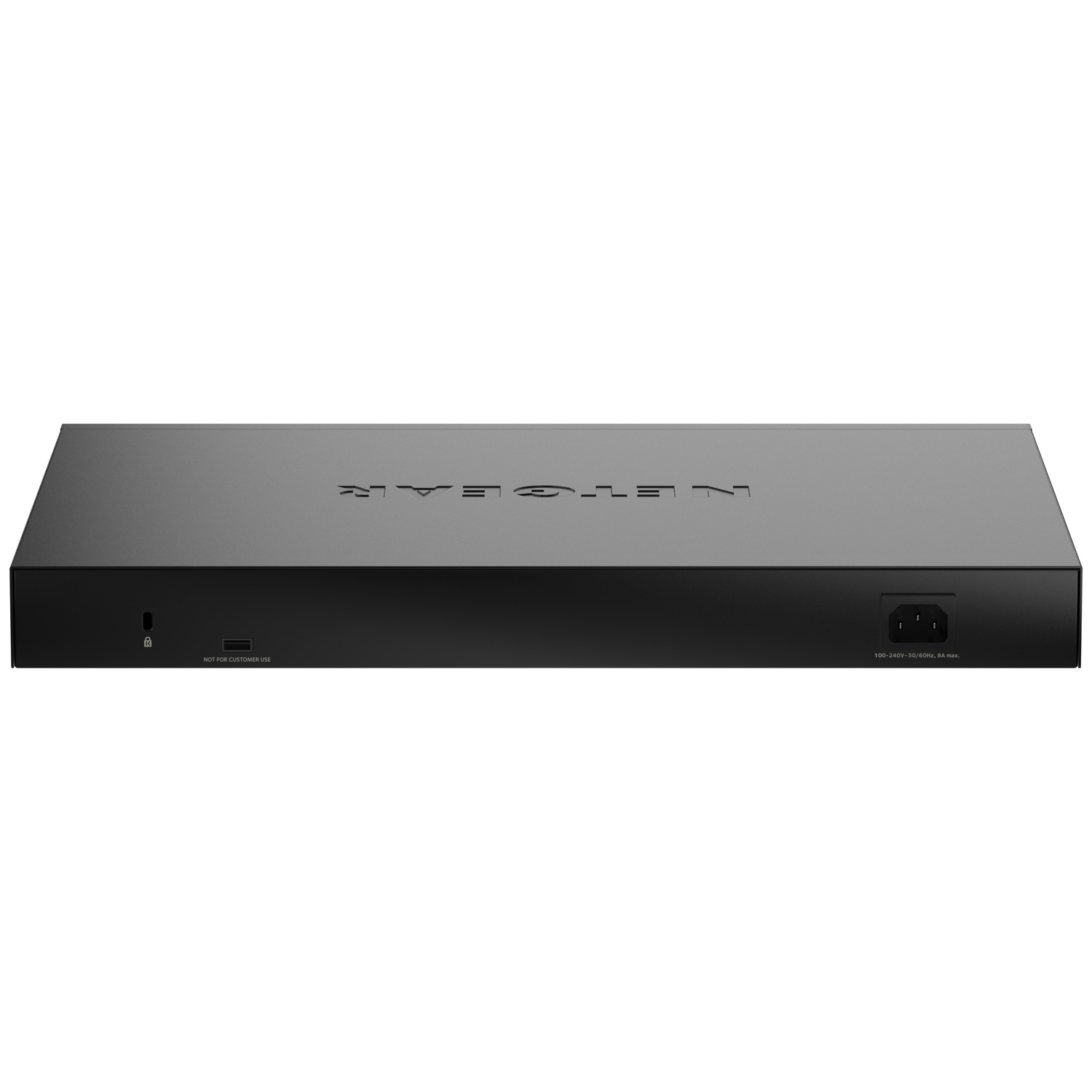 Black Netgear device with power port and labeling.