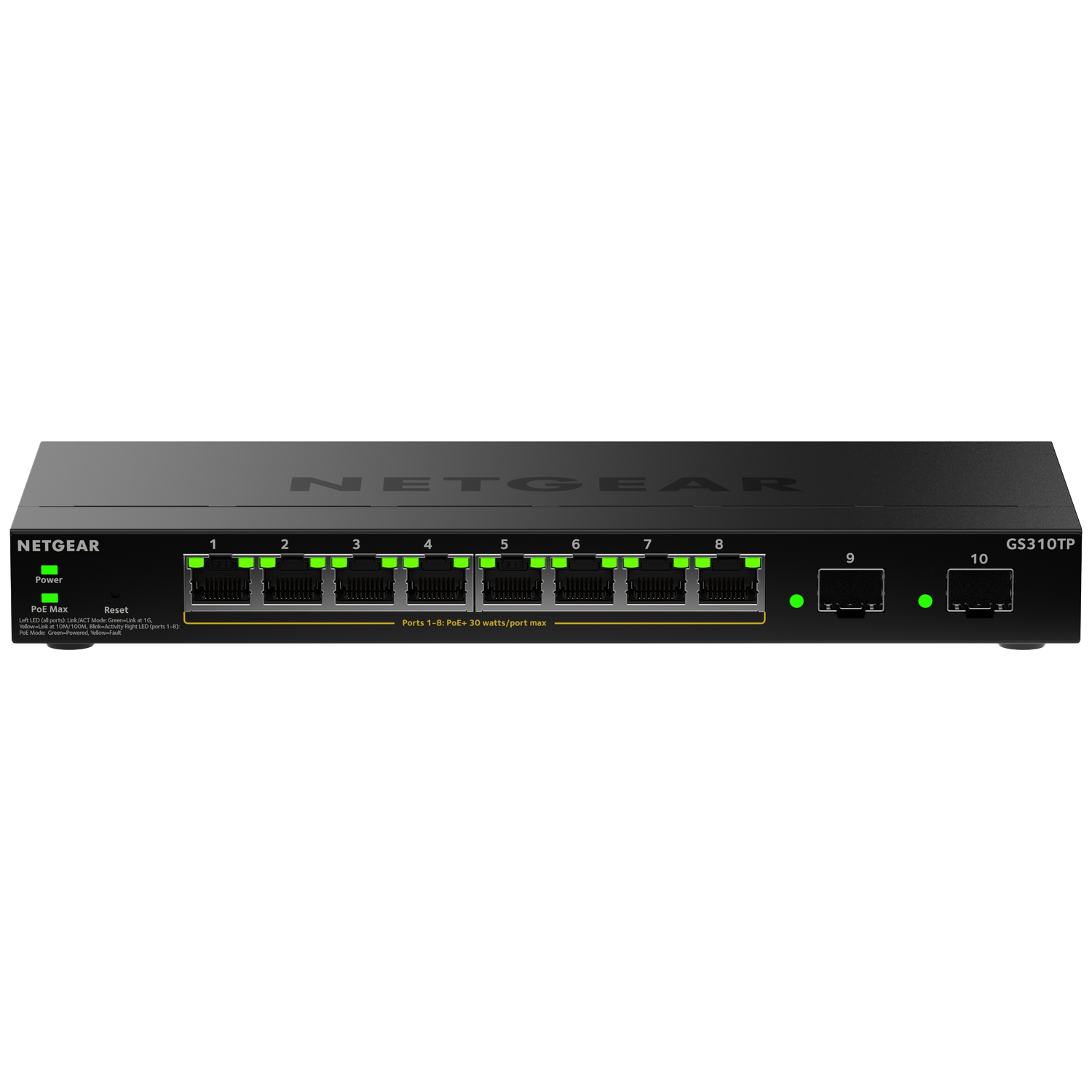 Een zwarte Netgear GS310TP 10-poorts netwerkswitch.
