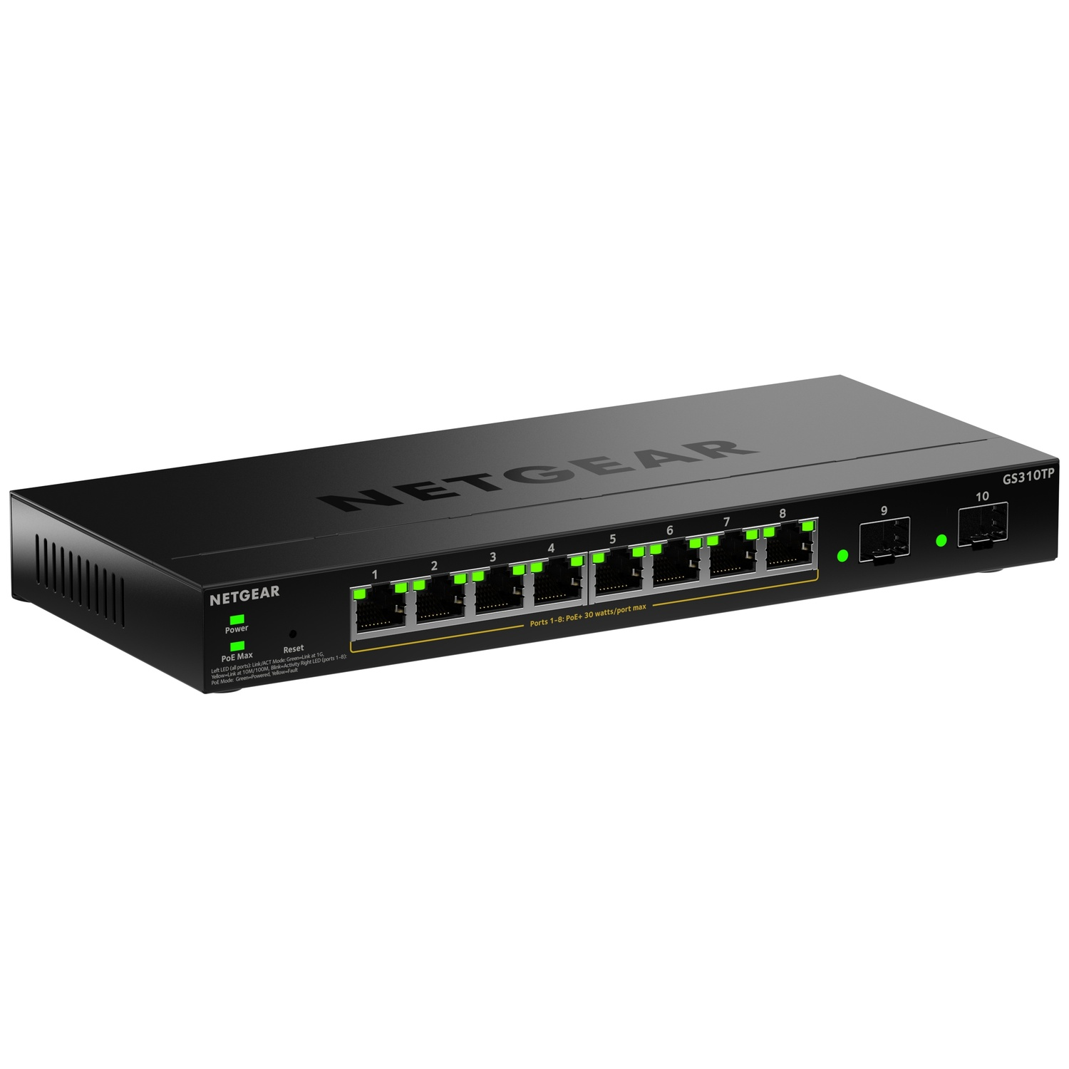 Een zwarte Netgear GS310TP netwerkswitch met 10 poorten en groene indicatielampjes.