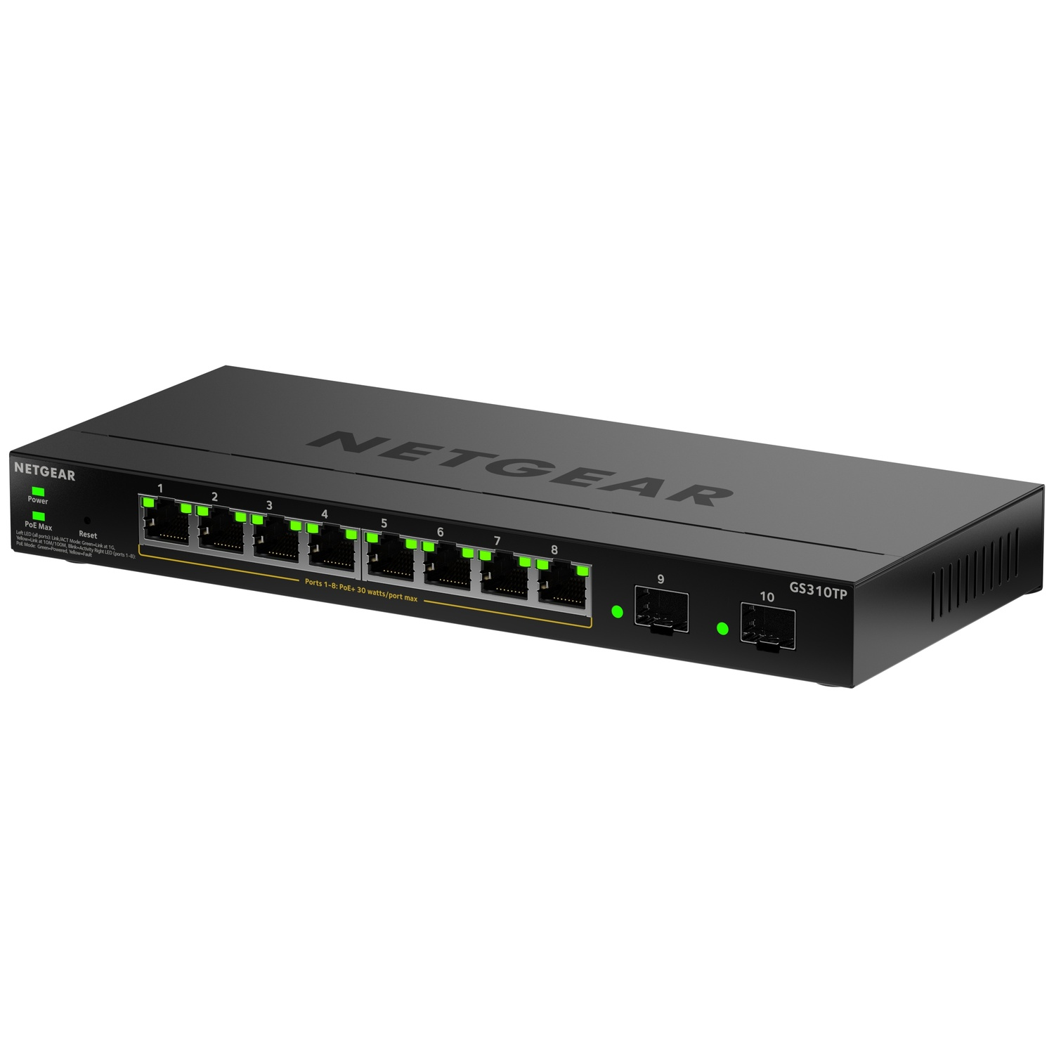 Een zwarte Netgear GS310TP switch met 10 poorten.