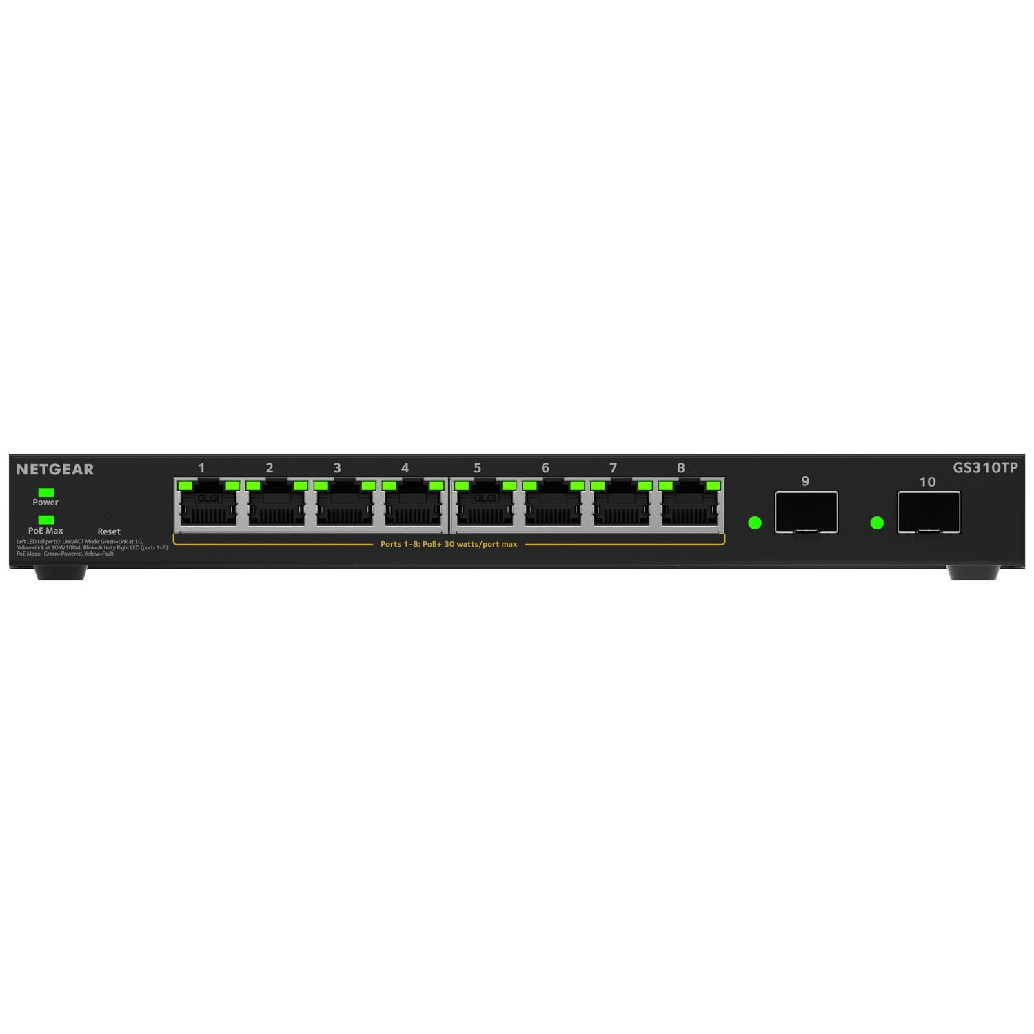 Netgear GS310TP switch met 10 poorten en voedingsadapter.