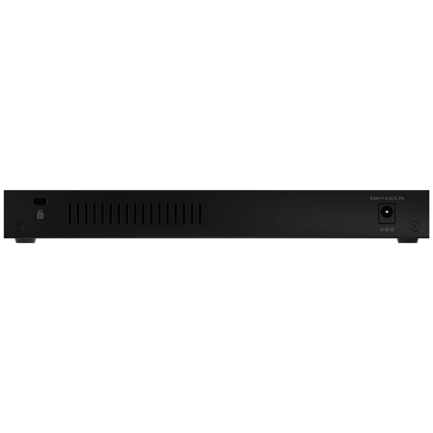Zwart apparaat met ventilatieopeningen en poorten. Een symbool en 54V 2.4/3.7A.