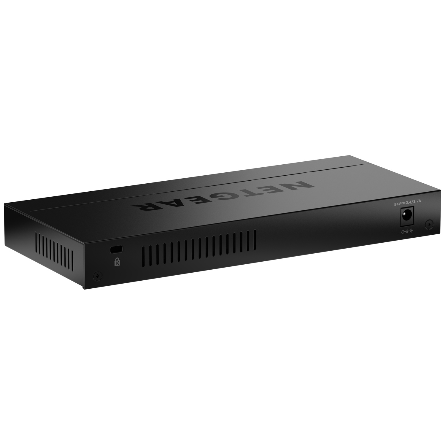 Zwarte Netgear switch met ventilatieopeningen en poorten aan de voorzijde.