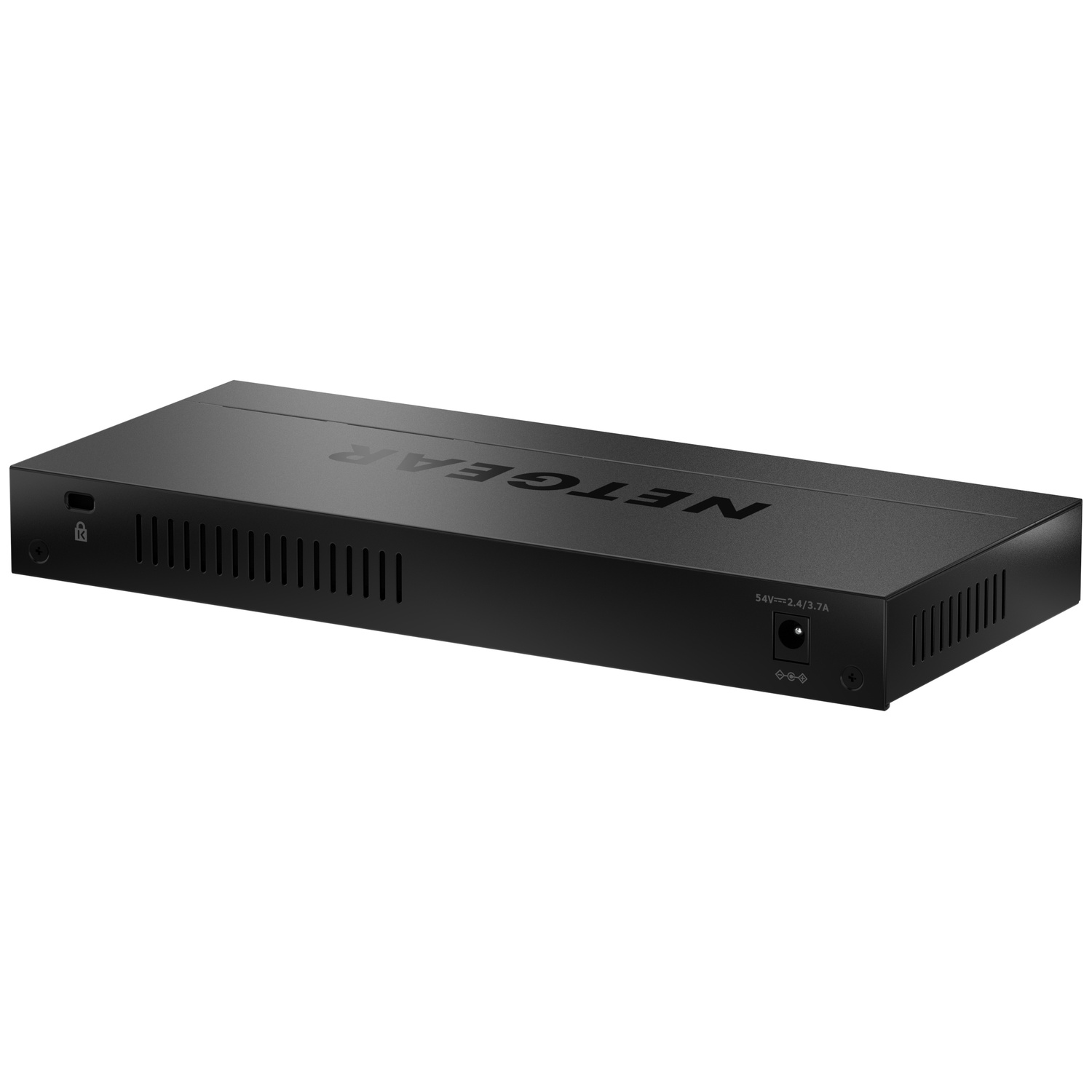 Zwarte Netgear netwerkswitch met ventilatieopeningen en poorten.