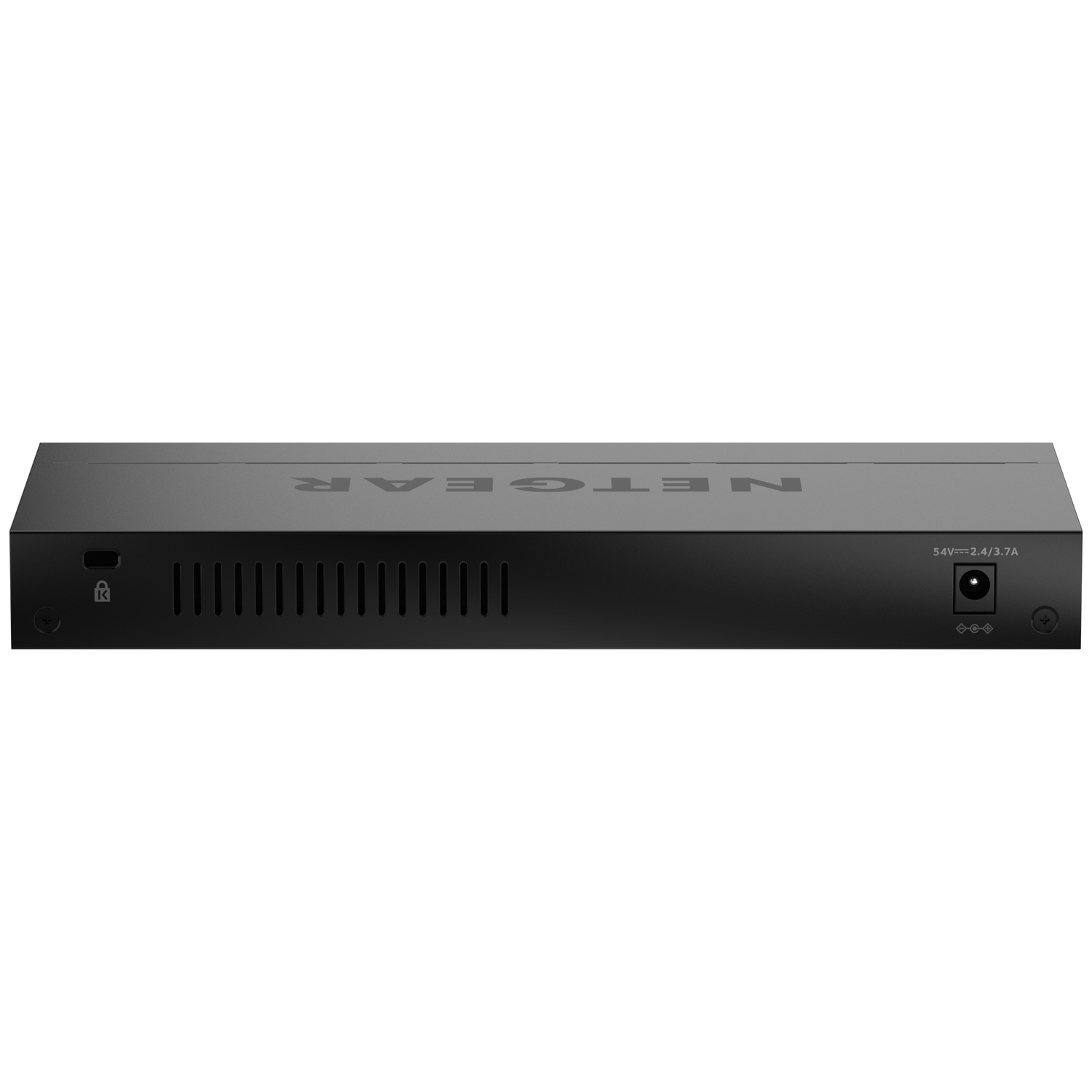 Zwart Netgear-apparaat met ventilatie, slot en stroomconnector.