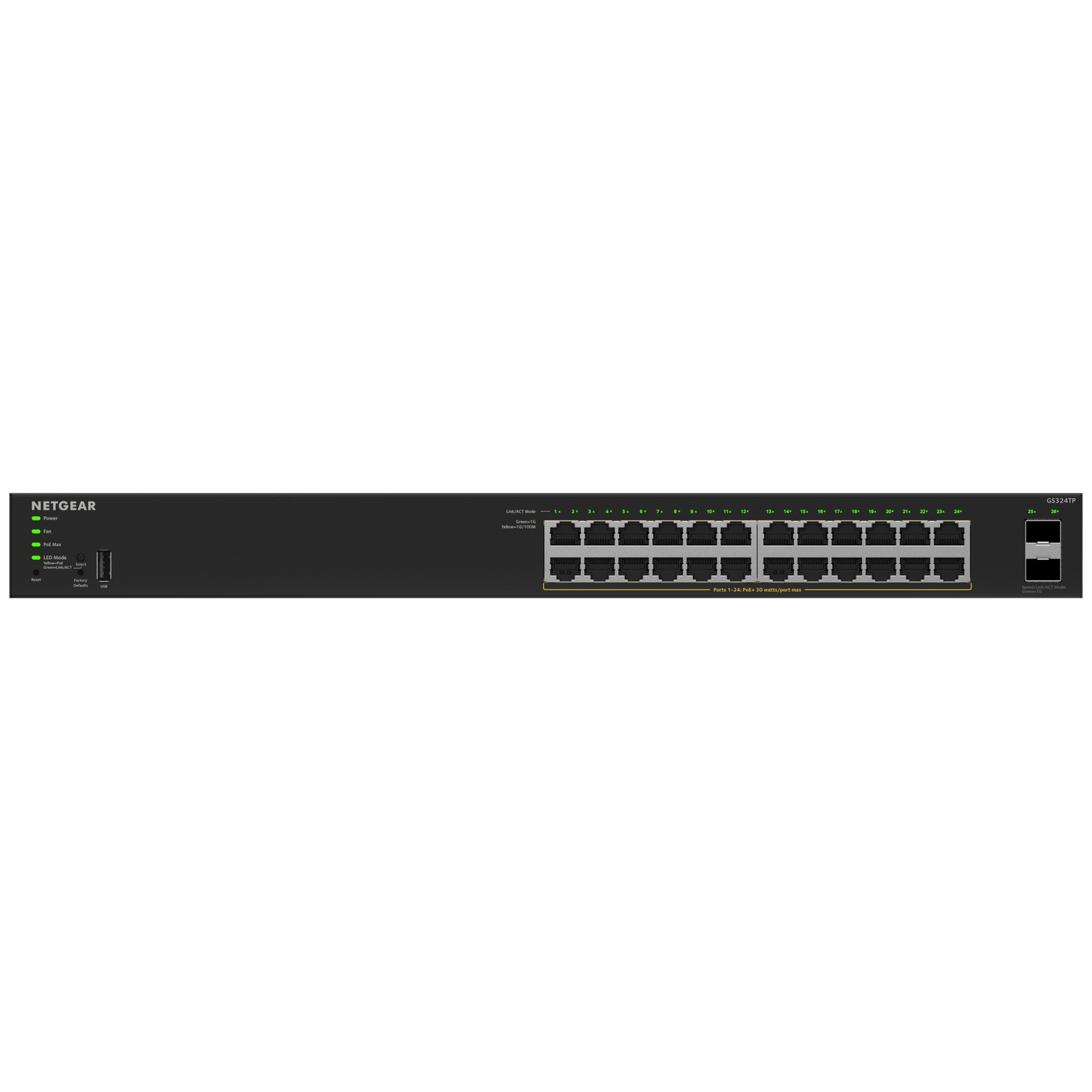 Switch Netgear GS324TP avec 24 ports PoE+ et voyants d'état.