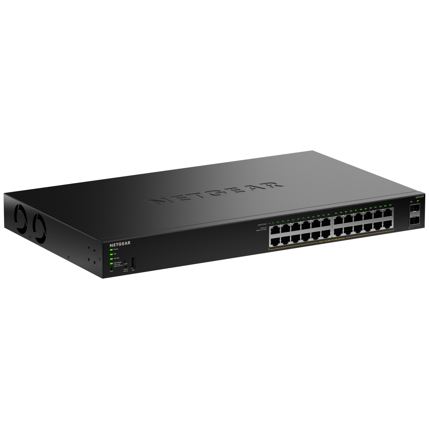 Un switch réseau Netgear noir 24 ports avec ventilateurs et voyants.