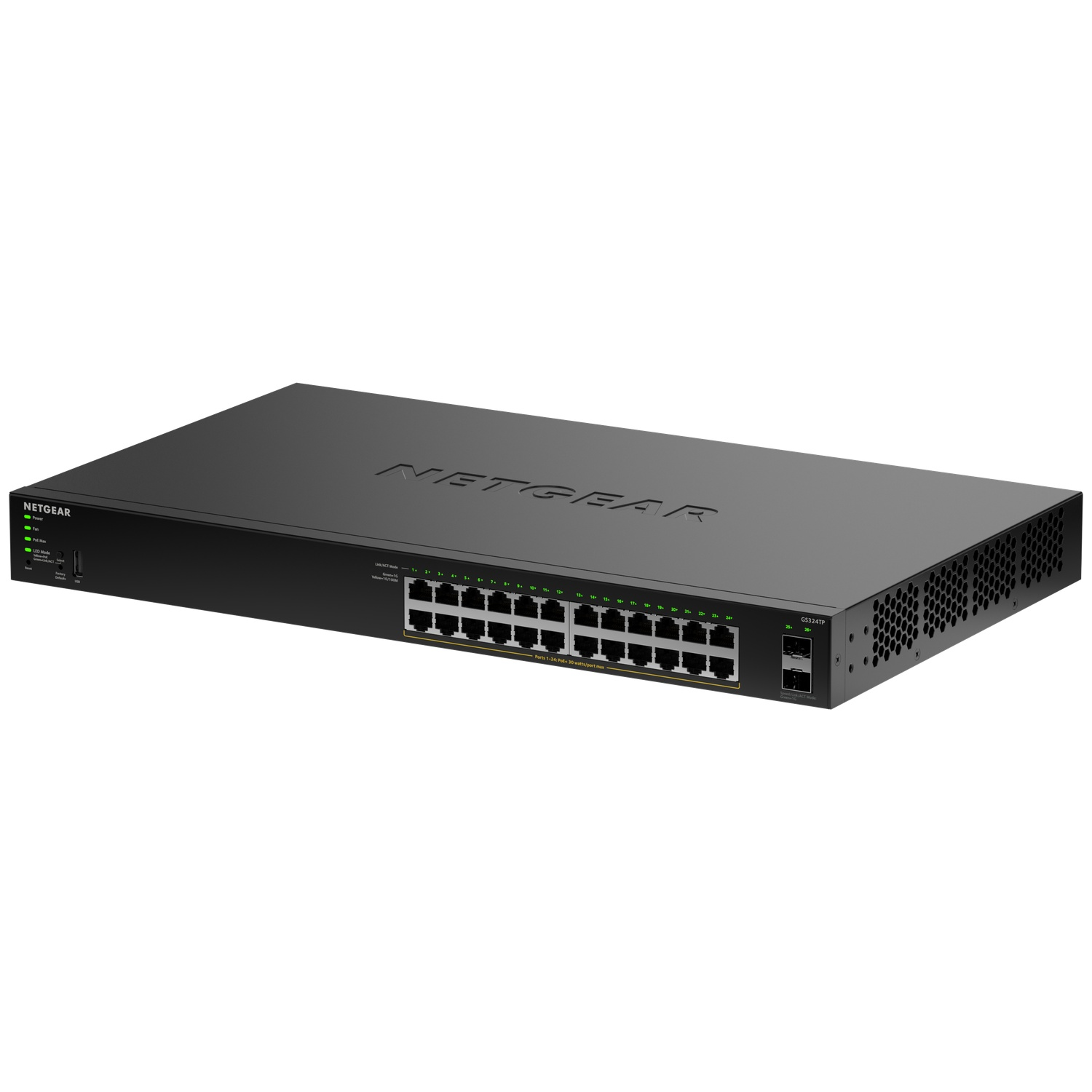 Switch réseau NETGEAR noir 24 ports avec LED d'tat vertes.