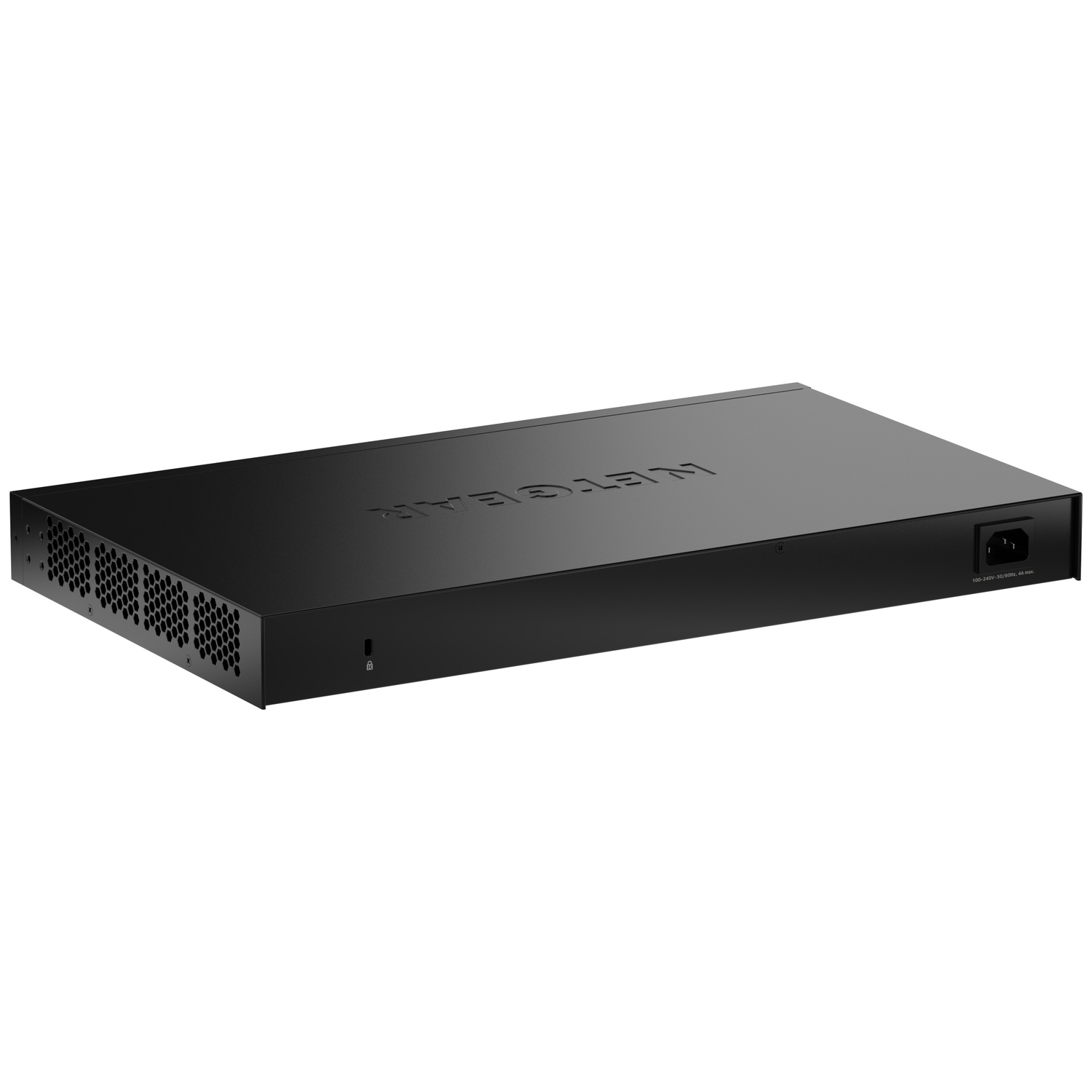 Switch réseau noir avec fentes de ventilation et entrée d'alimentation.