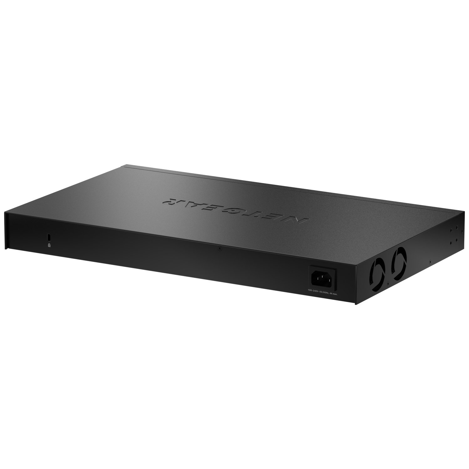 Switch réseau noir avec ventilateurs et connecteur d'alimentation.