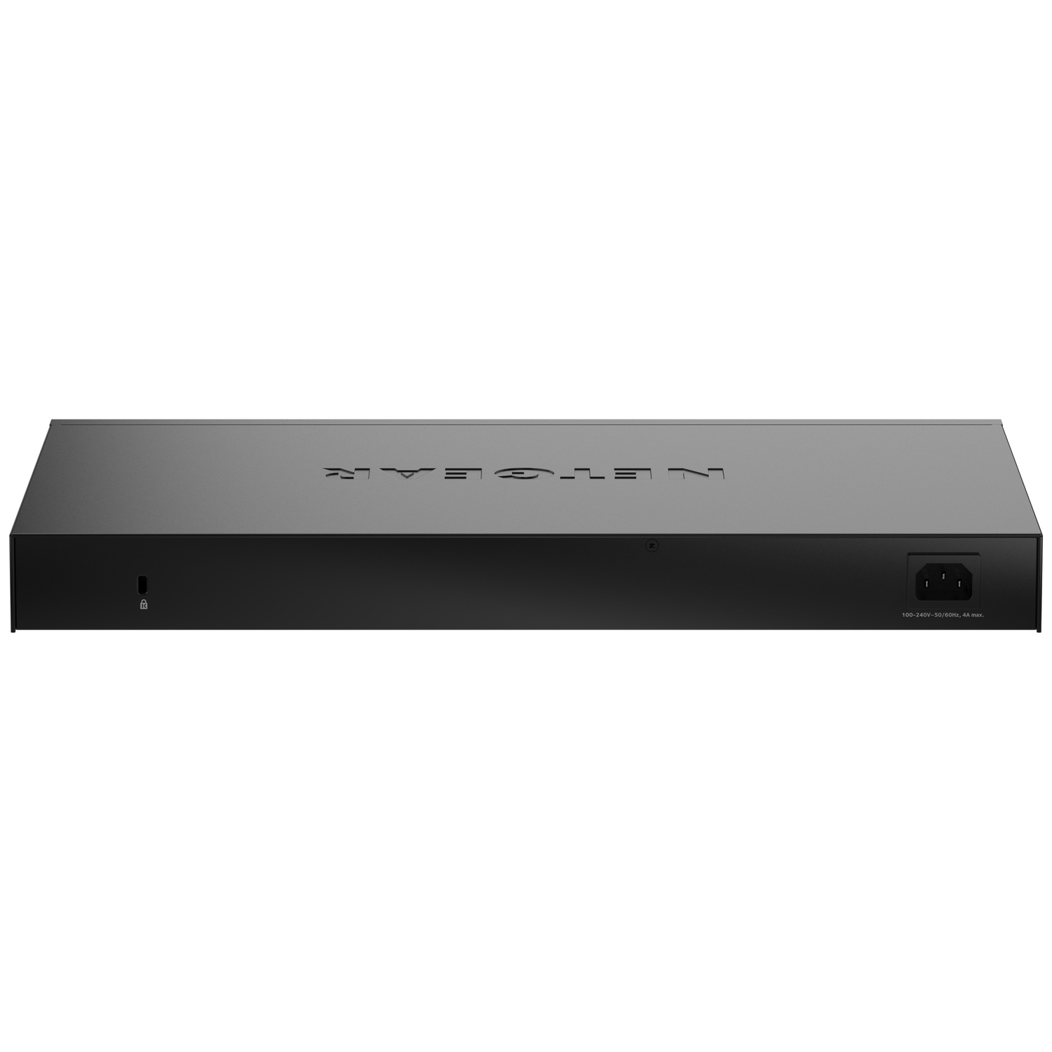 Switch réseau noir avec logo NETGEAR, port d'alimentation et symbole de verrou.